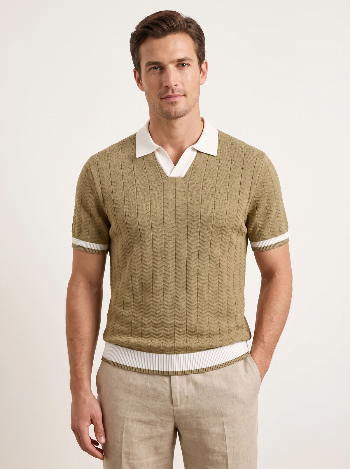Almond Contrast Textured Polo