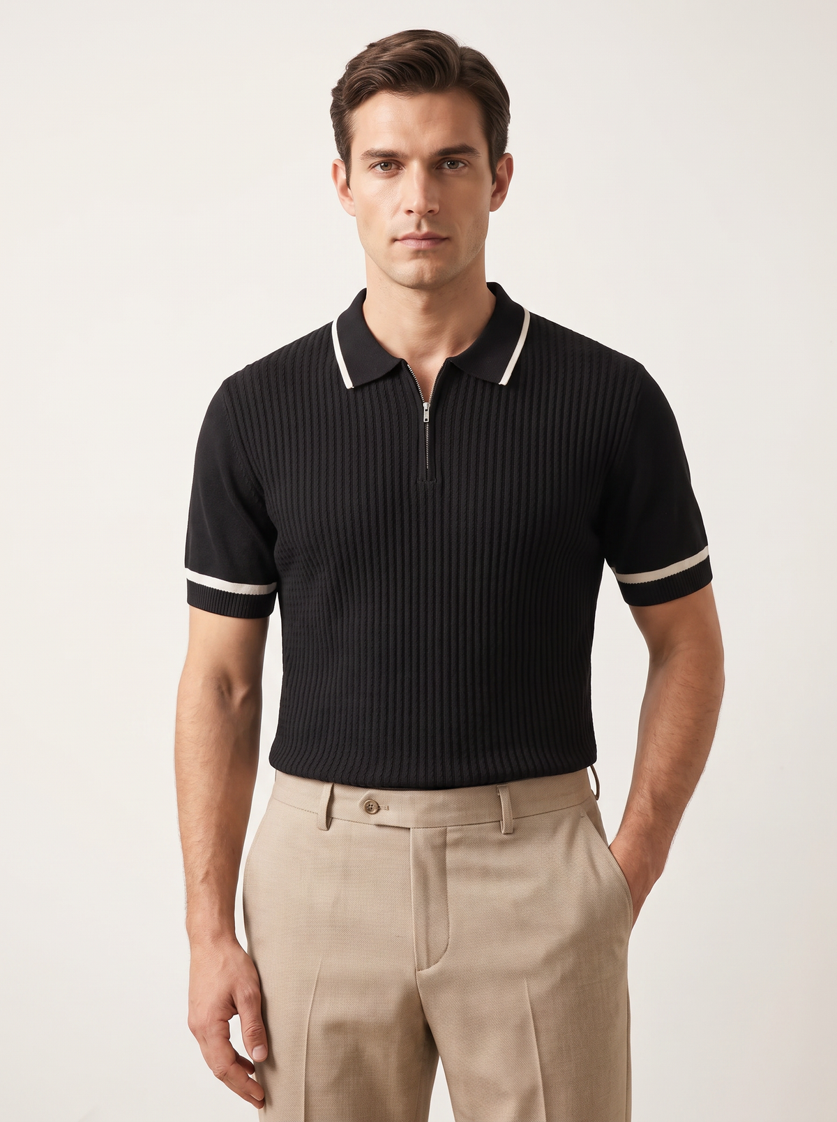 Black Contrast Trim Zipper Polo