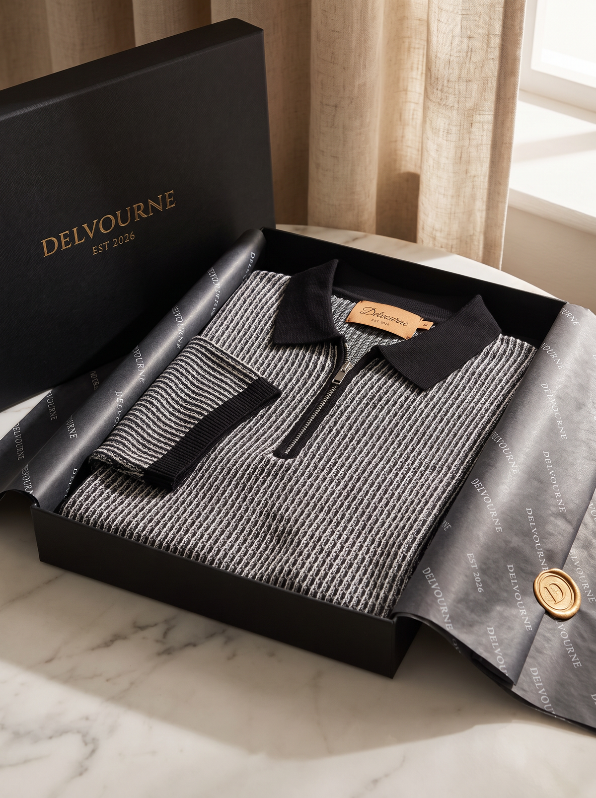 Black Geometric Textured Zipper Polo