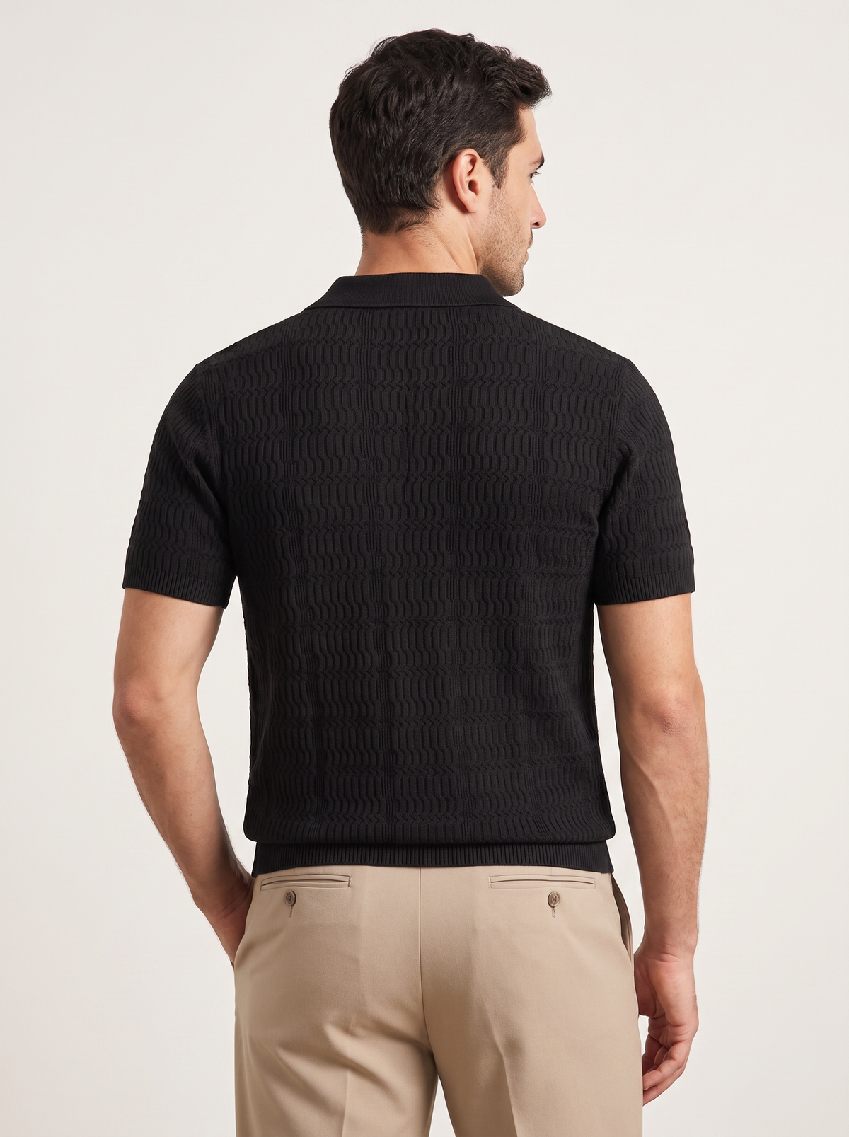 Black Patterned Knit Buttonless Polo