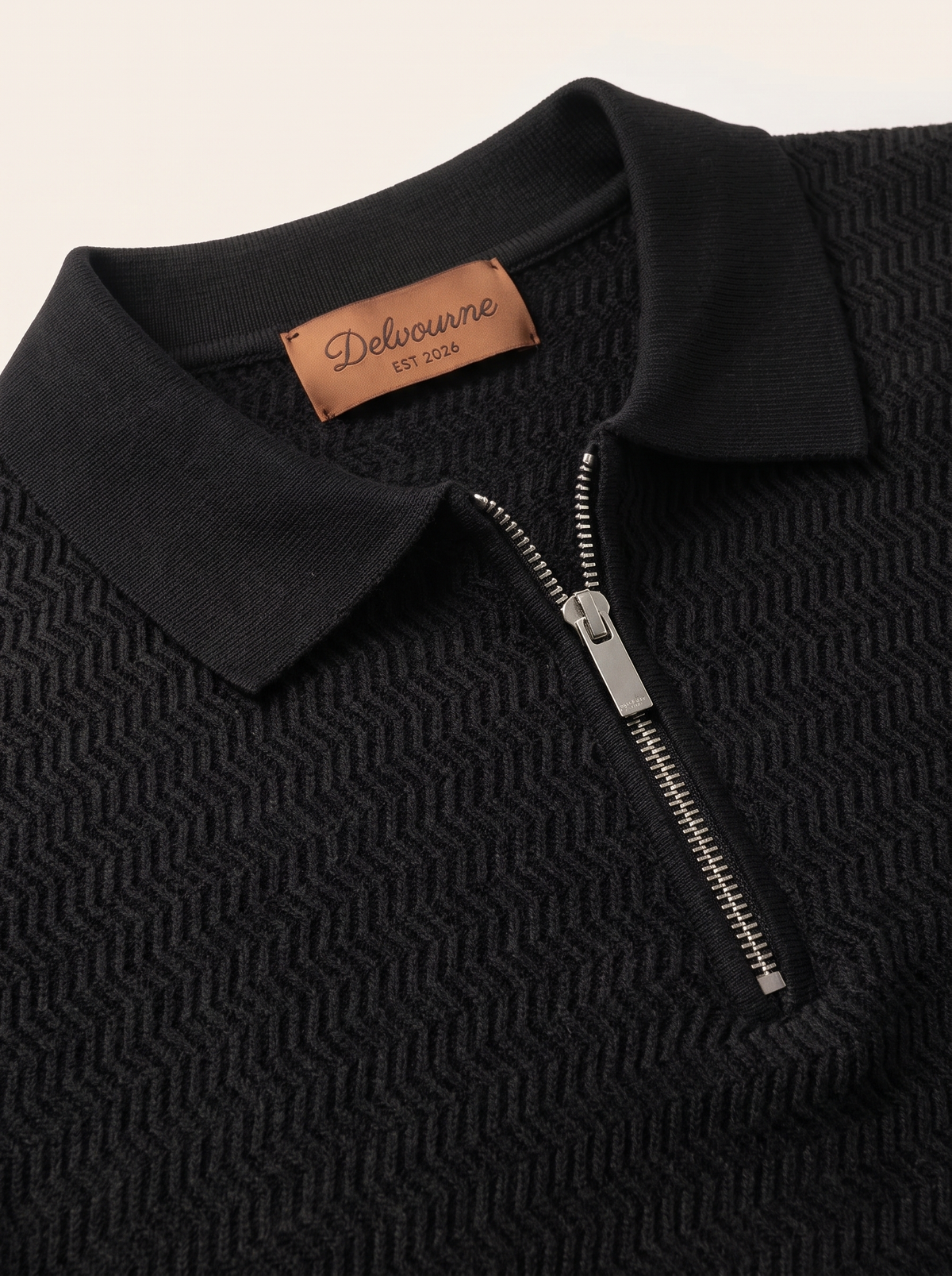 Black Zigzag Textured Zipper Polo