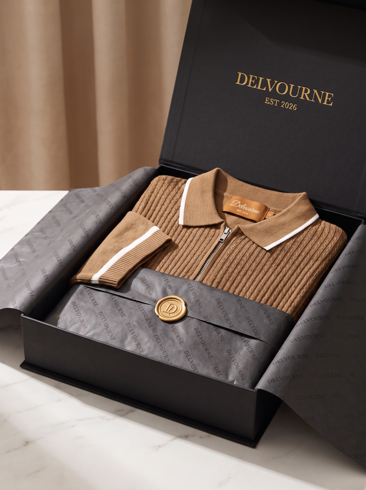 Caramel Contrast Trim Zipper Polo