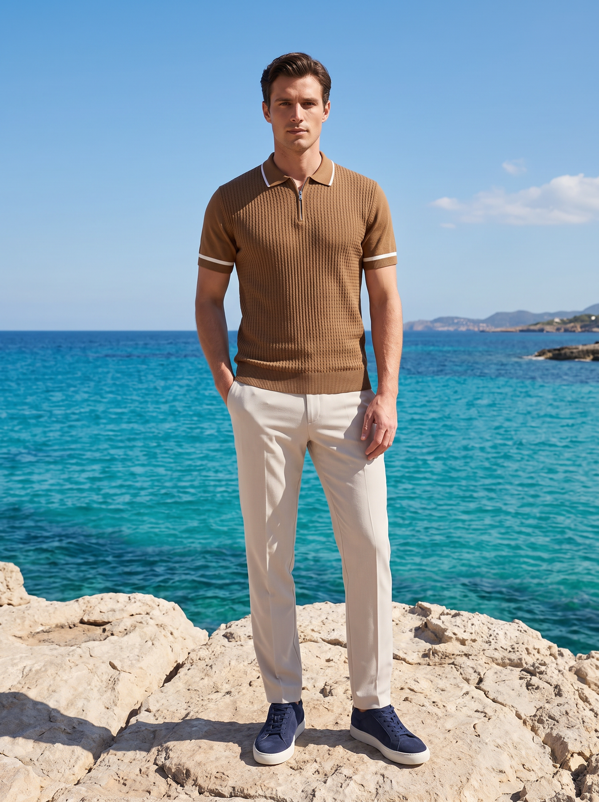 Caramel Contrast Trim Zipper Polo