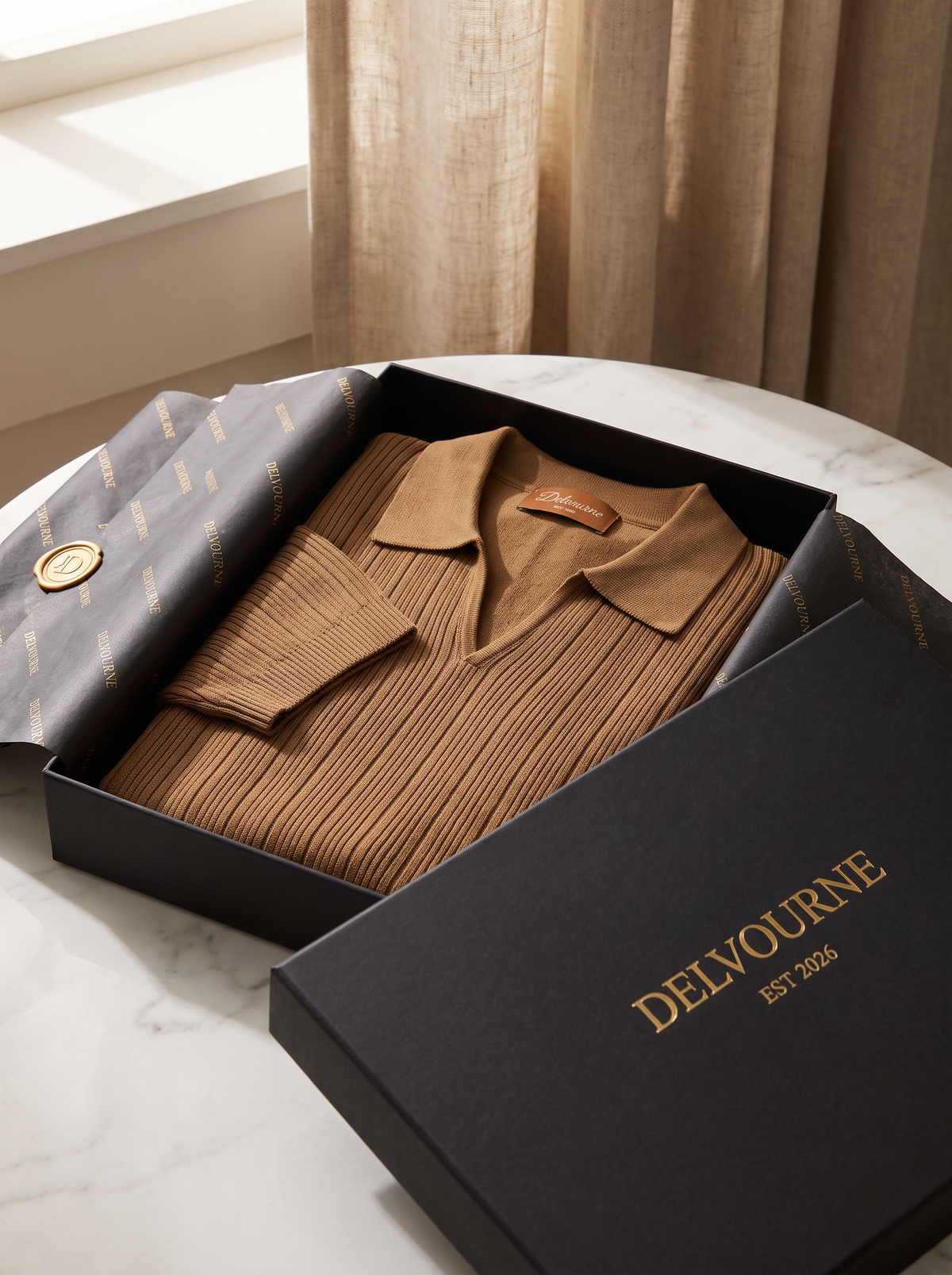 Caramel Open Collar Ribbed Polo