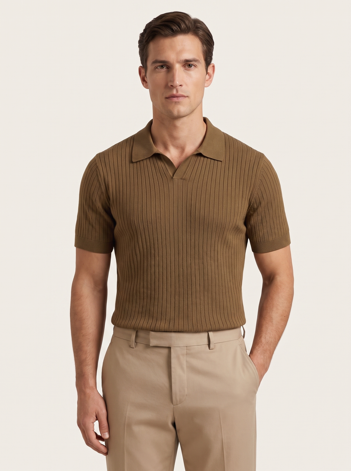 Caramel Ribbed Buttonless Polo
