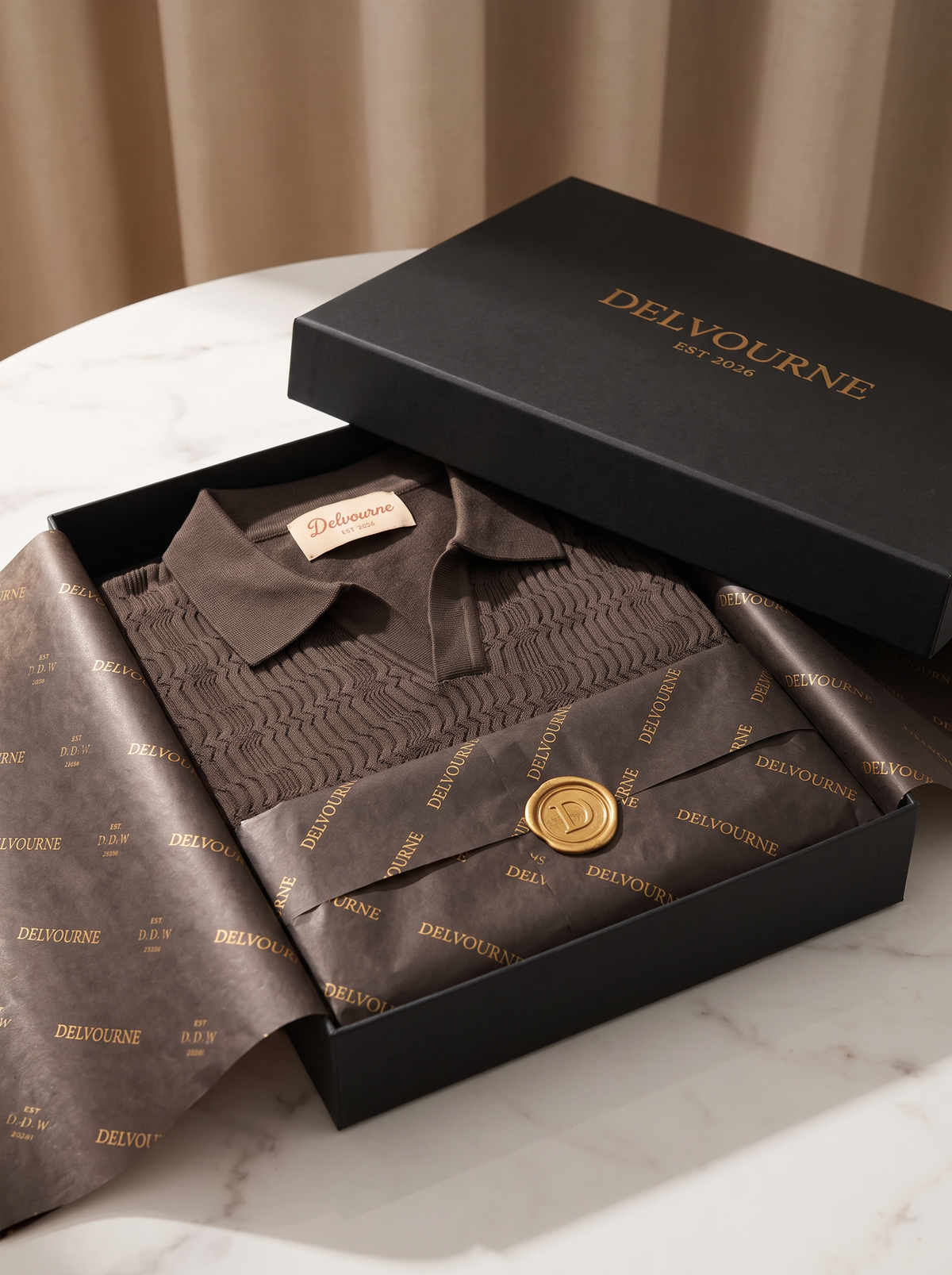Coffee Patterned Knit Buttonless Polo