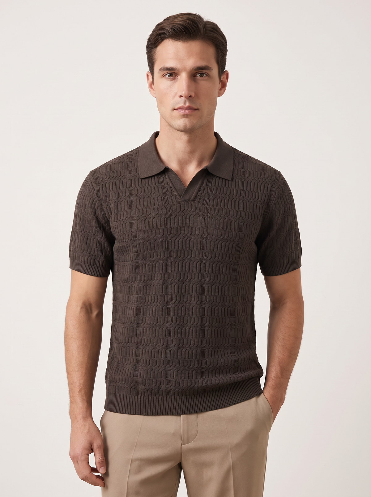 Coffee Patterned Knit Buttonless Polo