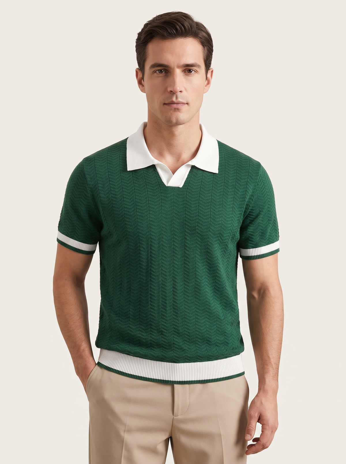 Green Contrast Textured Polo