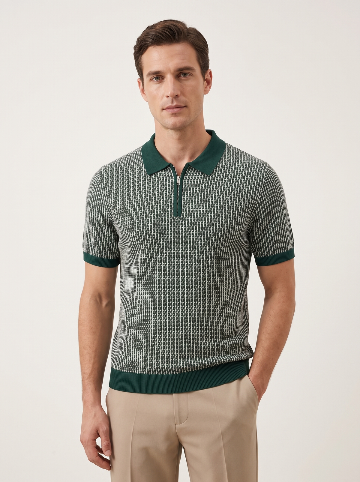 Green Geometric Textured Zipper Polo
