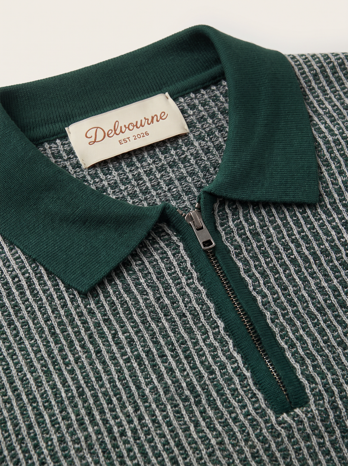 Green Geometric Textured Zipper Polo