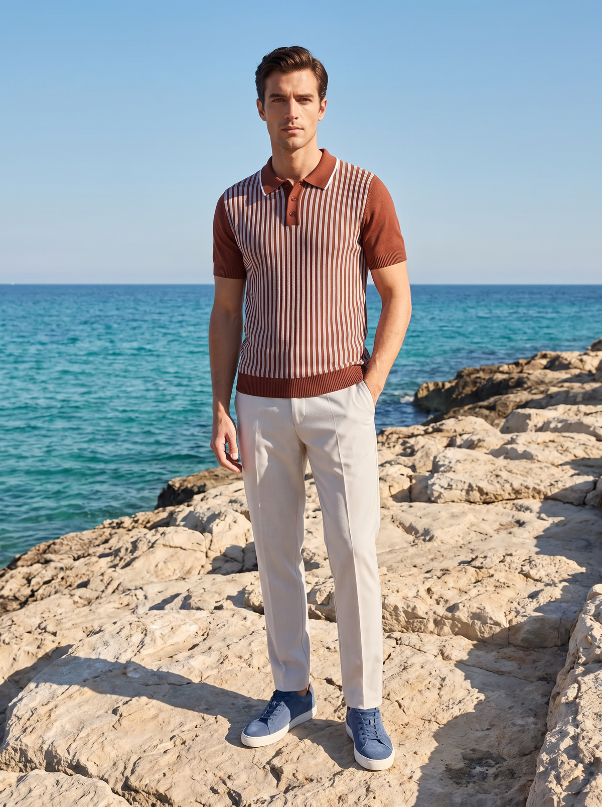 Rust Brown Vertical Striped Polo