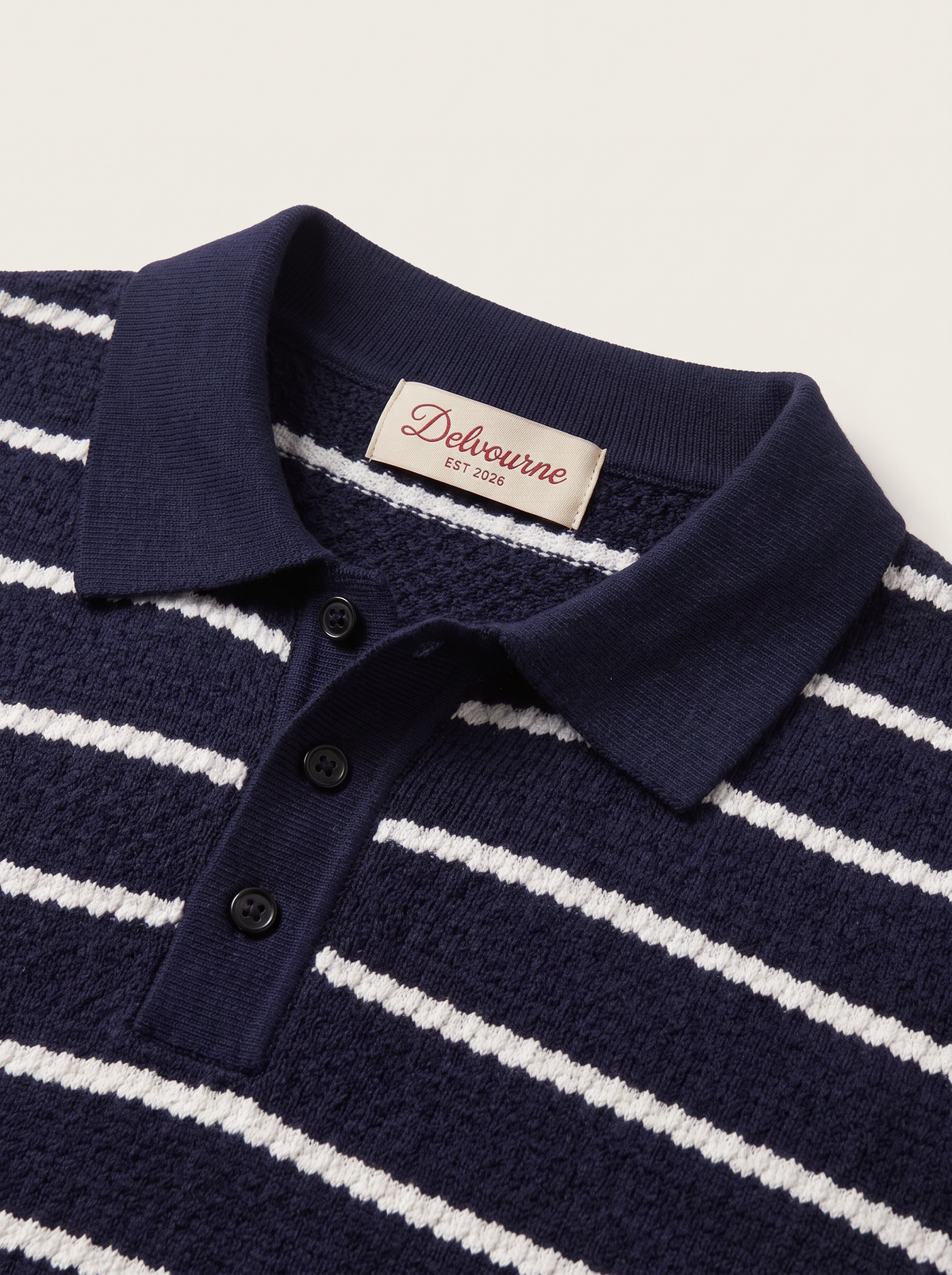 Navy Striped Textured Button Polo