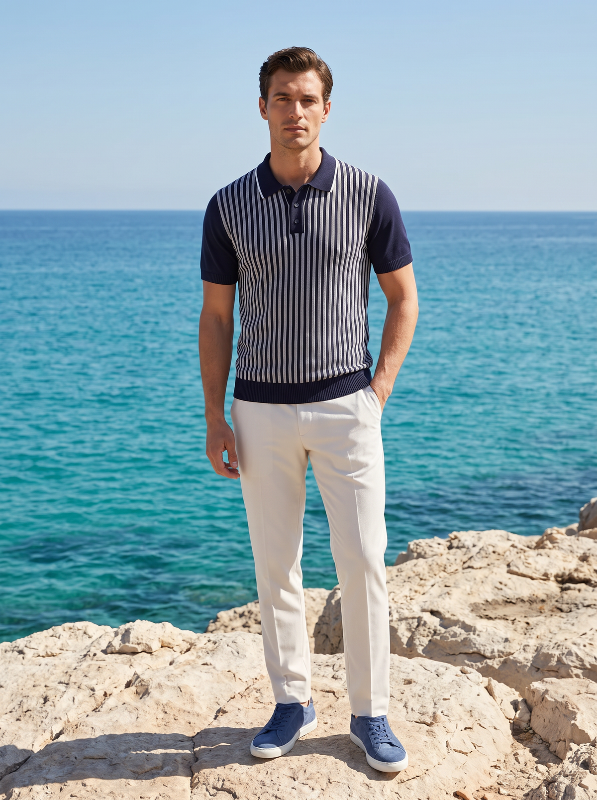 Navy Vertical Striped Polo