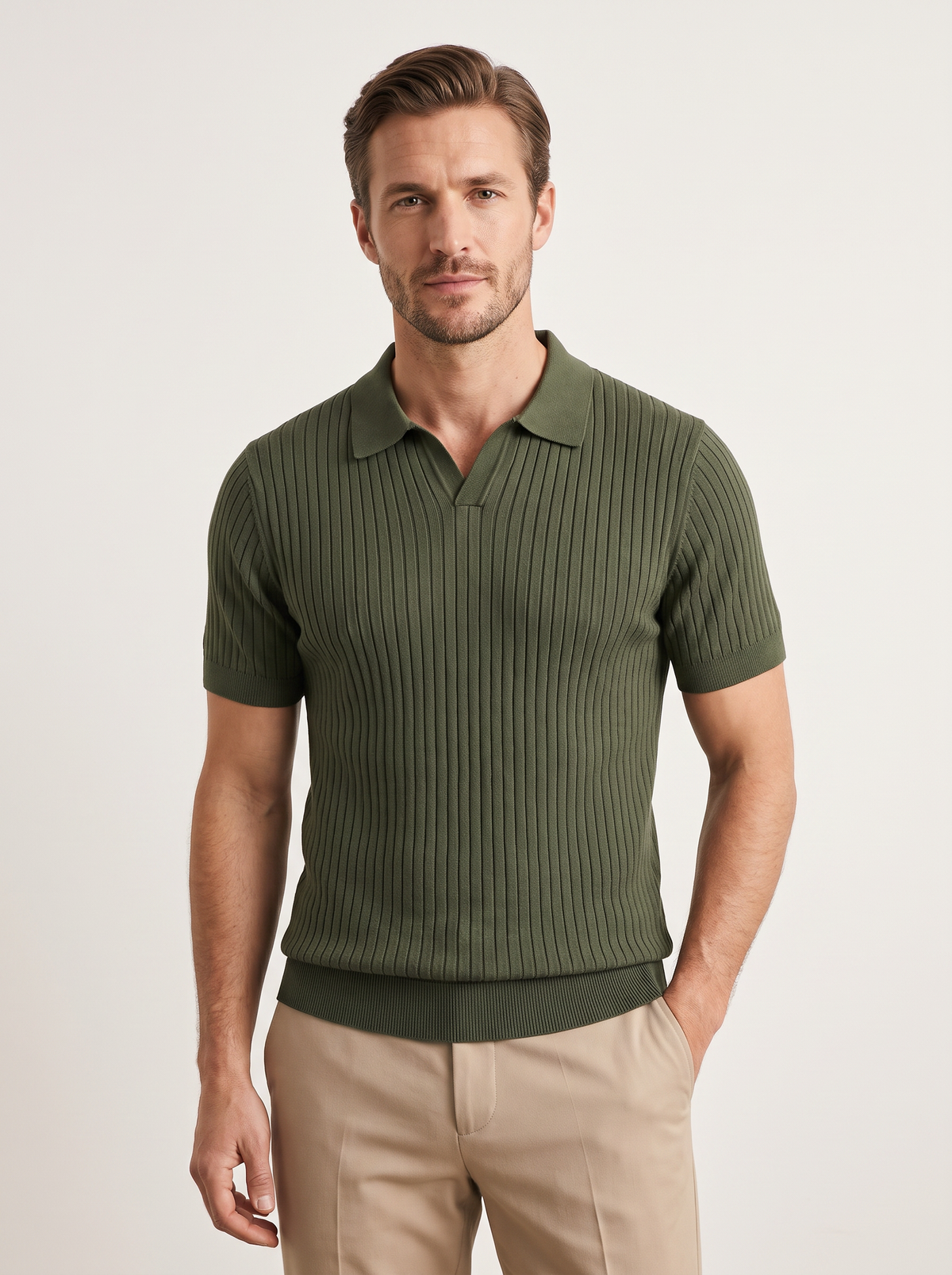 Olive Ribbed Buttonless Polo