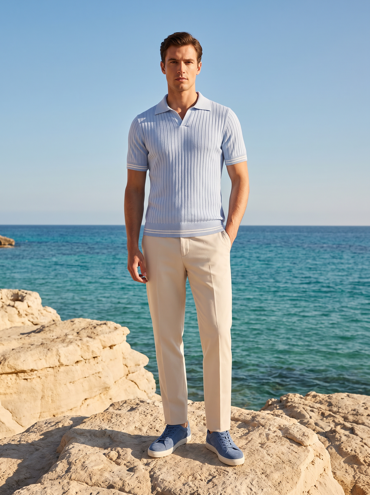Pierre Light Blue Ribbed Buttonless Polo