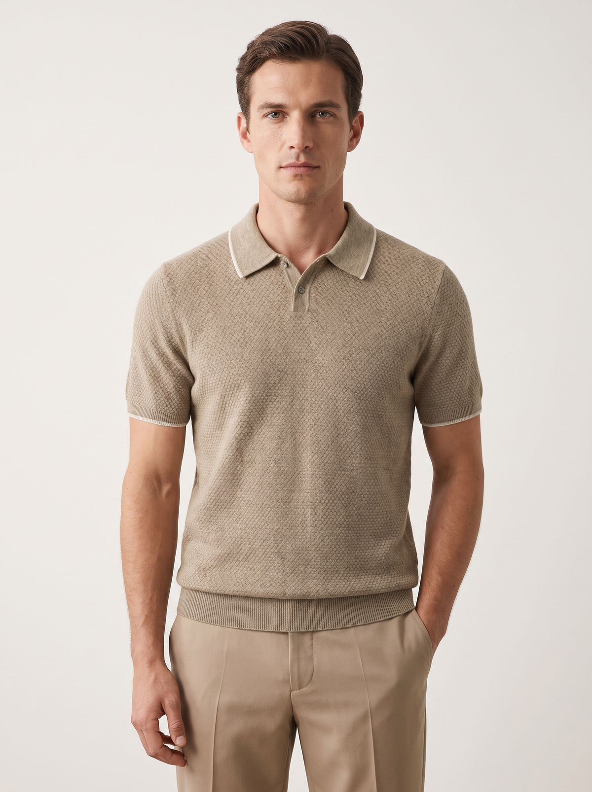Premium Cashmere Beige Two-Tone Polo