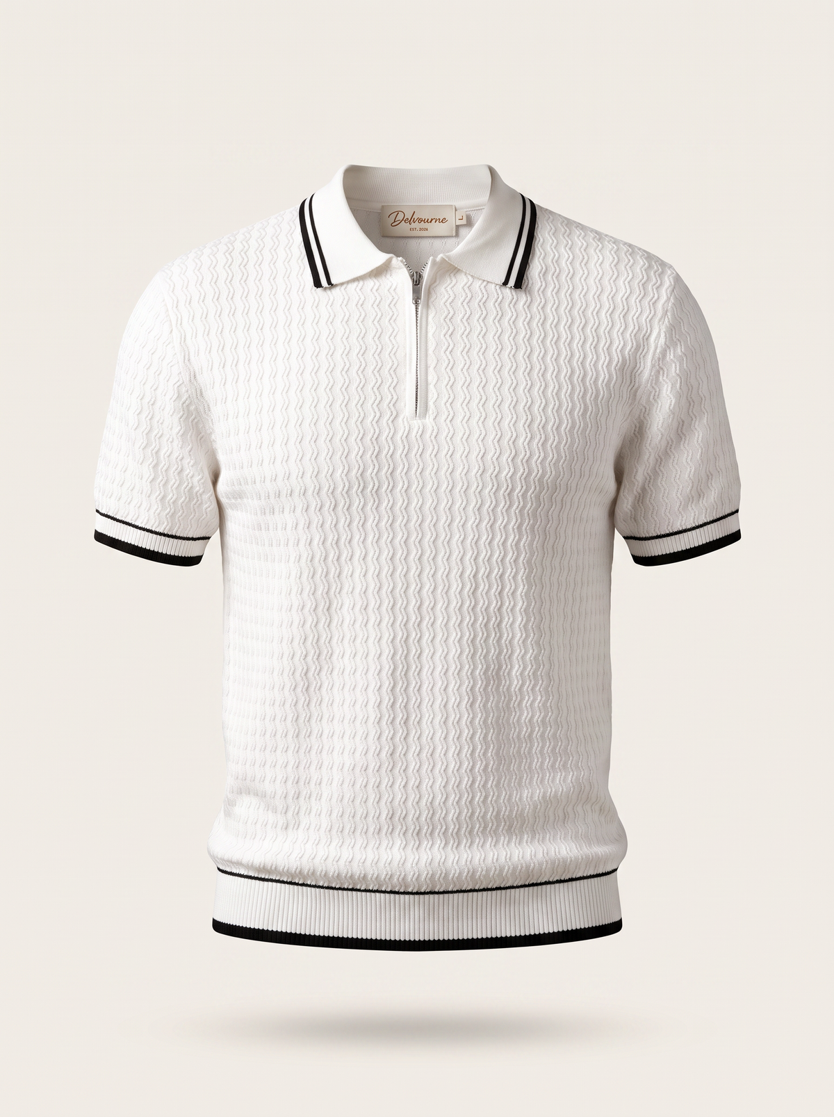 White Wavy Textured Zipper Polo