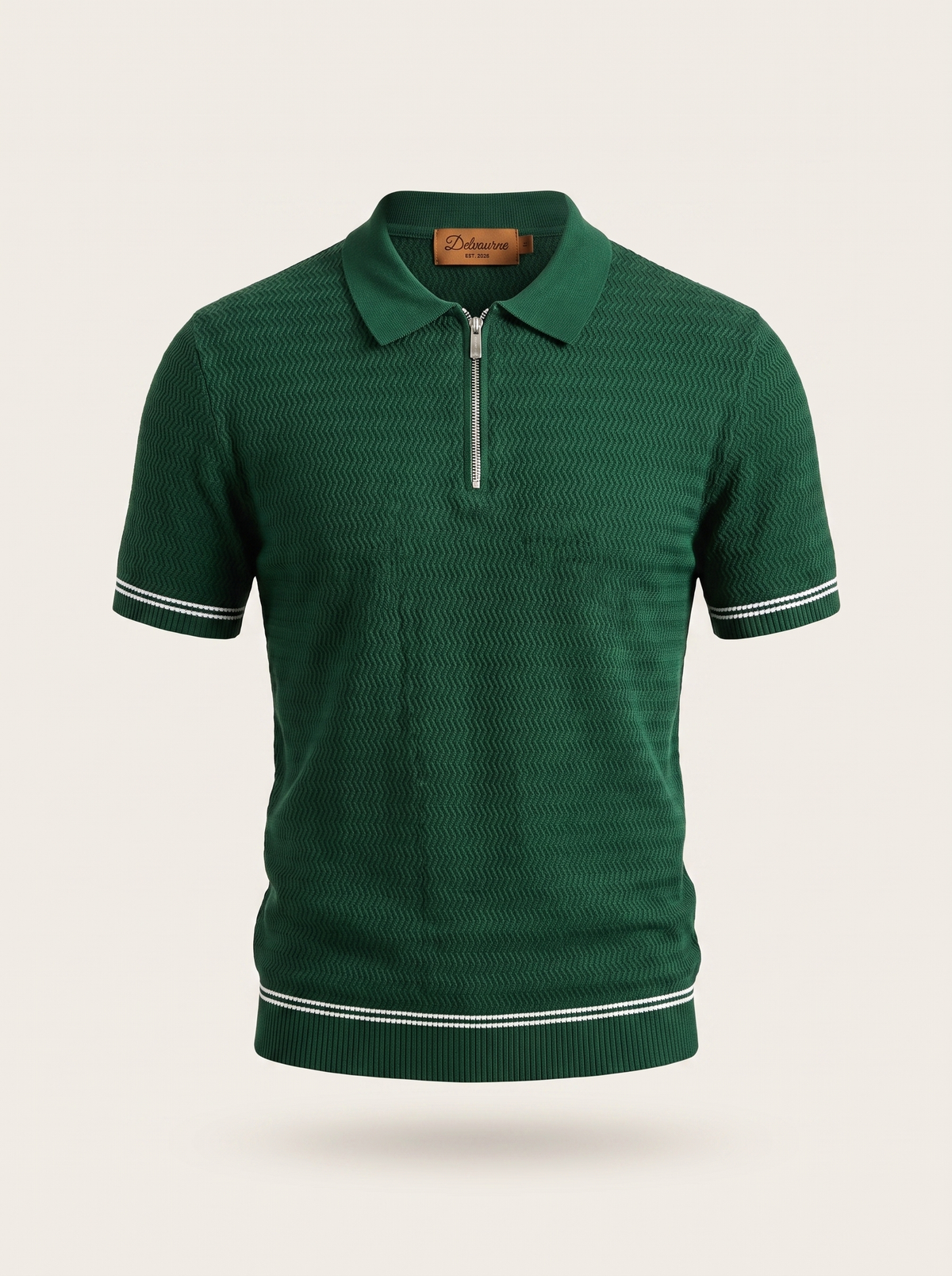 Green Zigzag Textured Zipper Polo