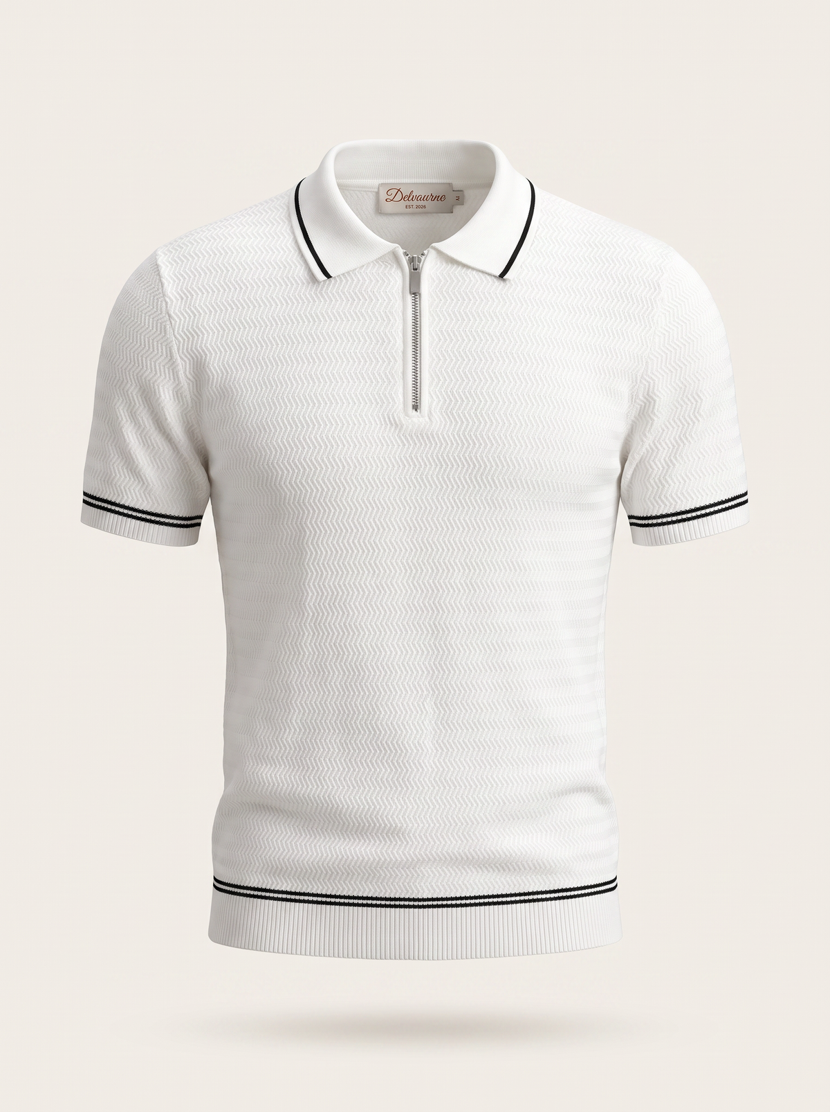 White Zigzag Textured Zipper Polo
