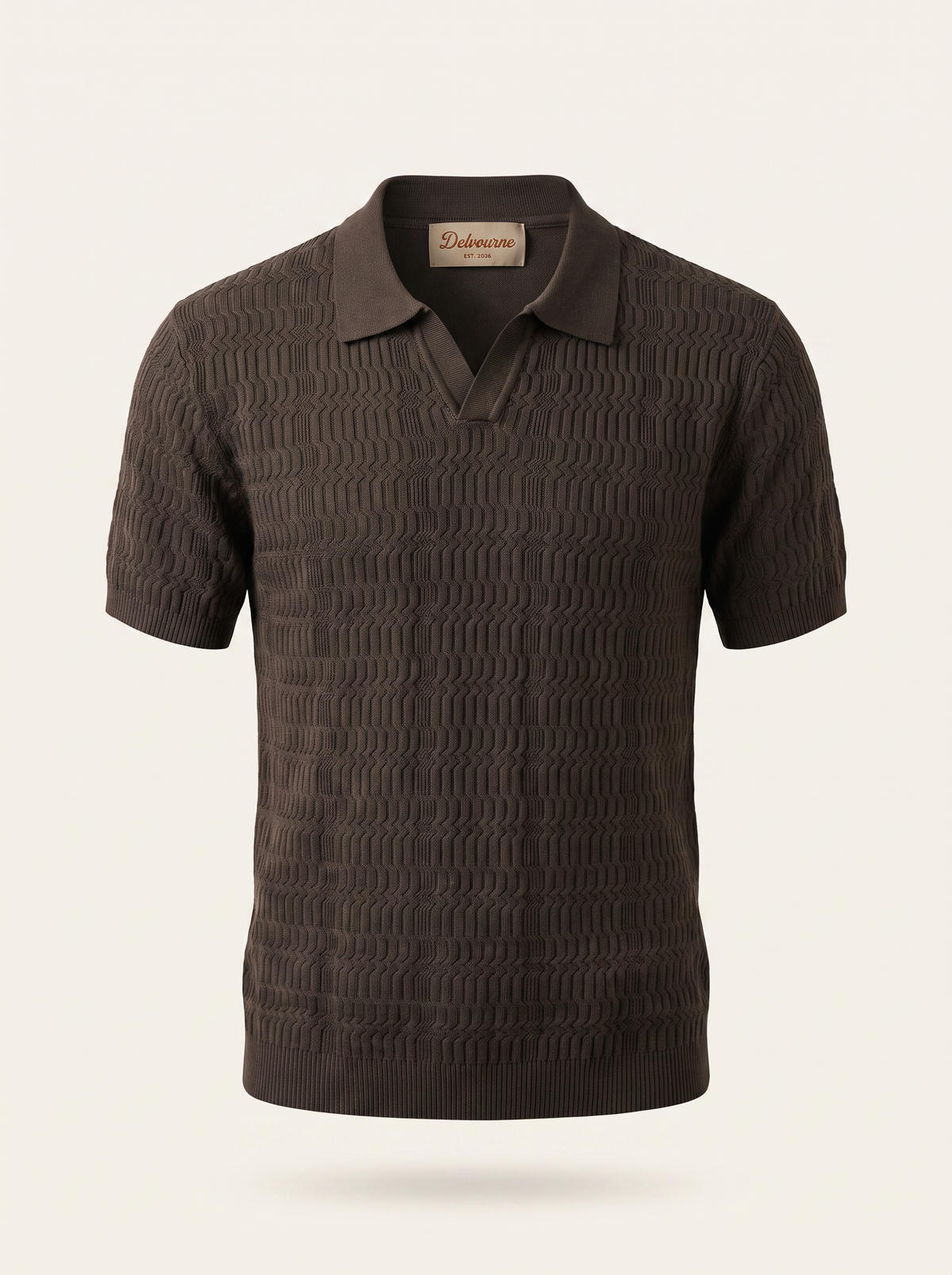 Coffee Patterned Knit Buttonless Polo