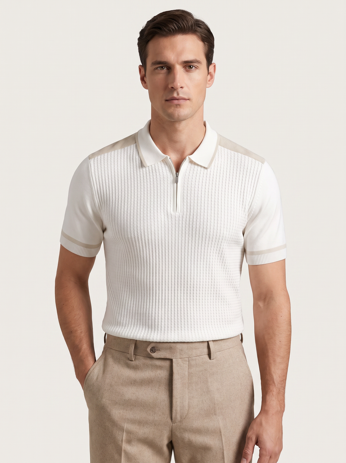 White Contrast Trim Zipper Polo