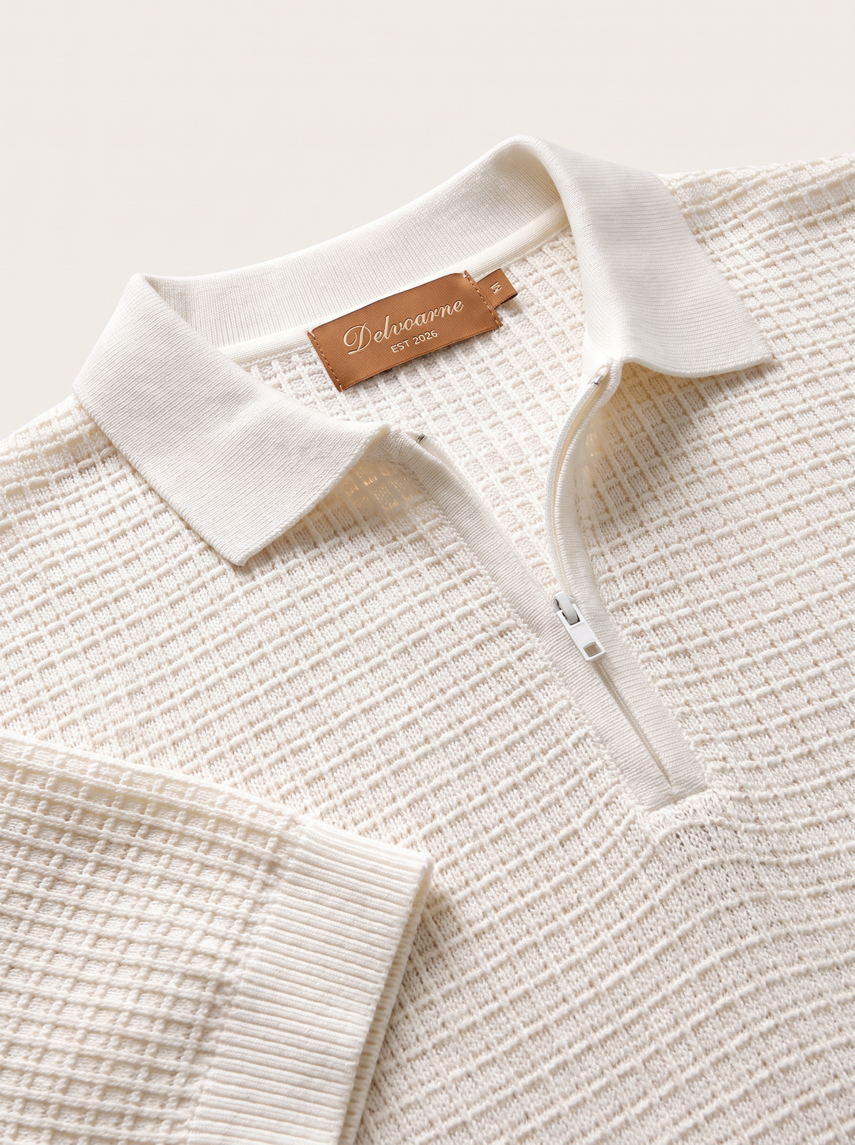 White Geometric Textured Zipper Polo