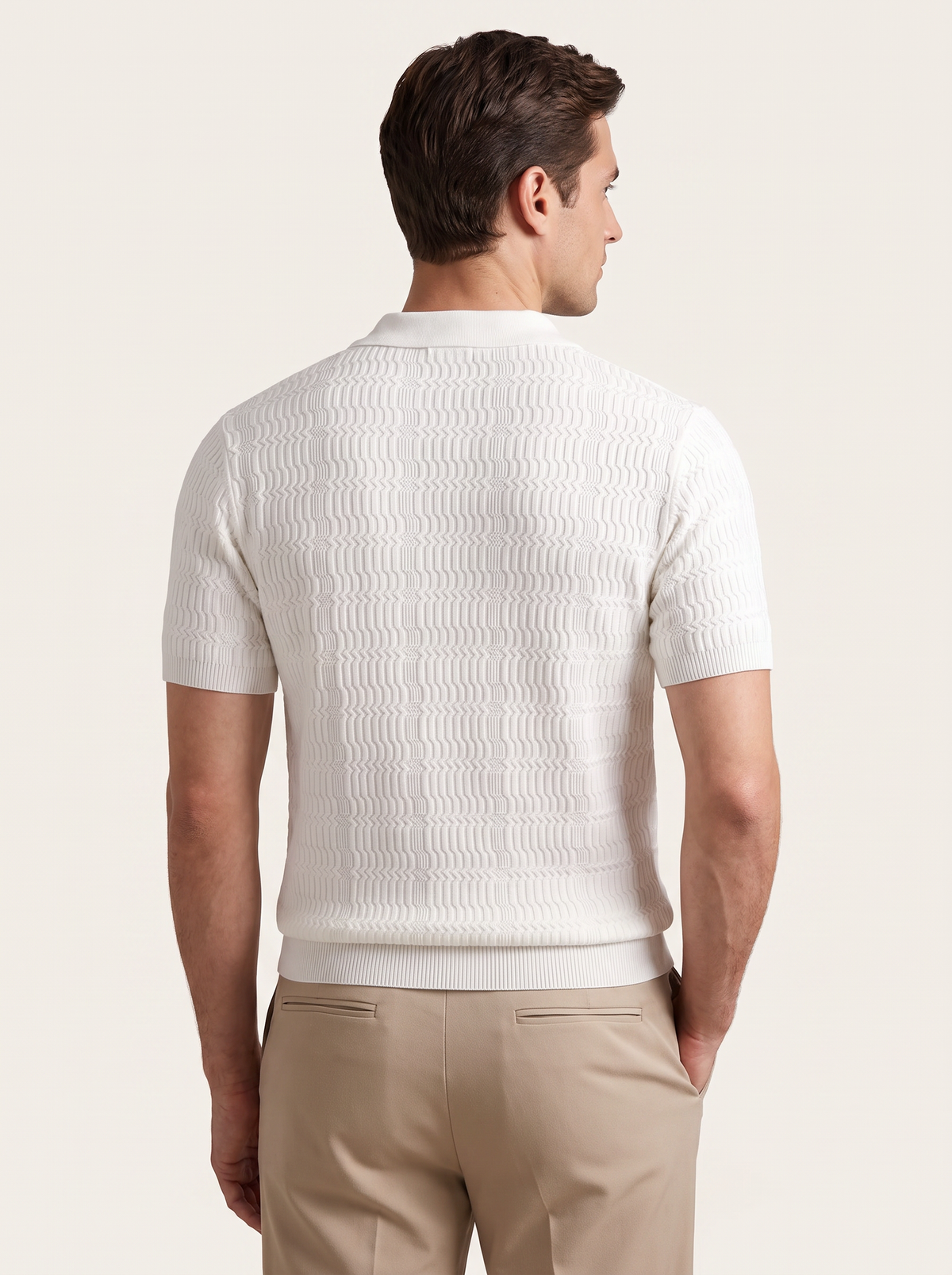 White Patterned Knit Buttonless Polo
