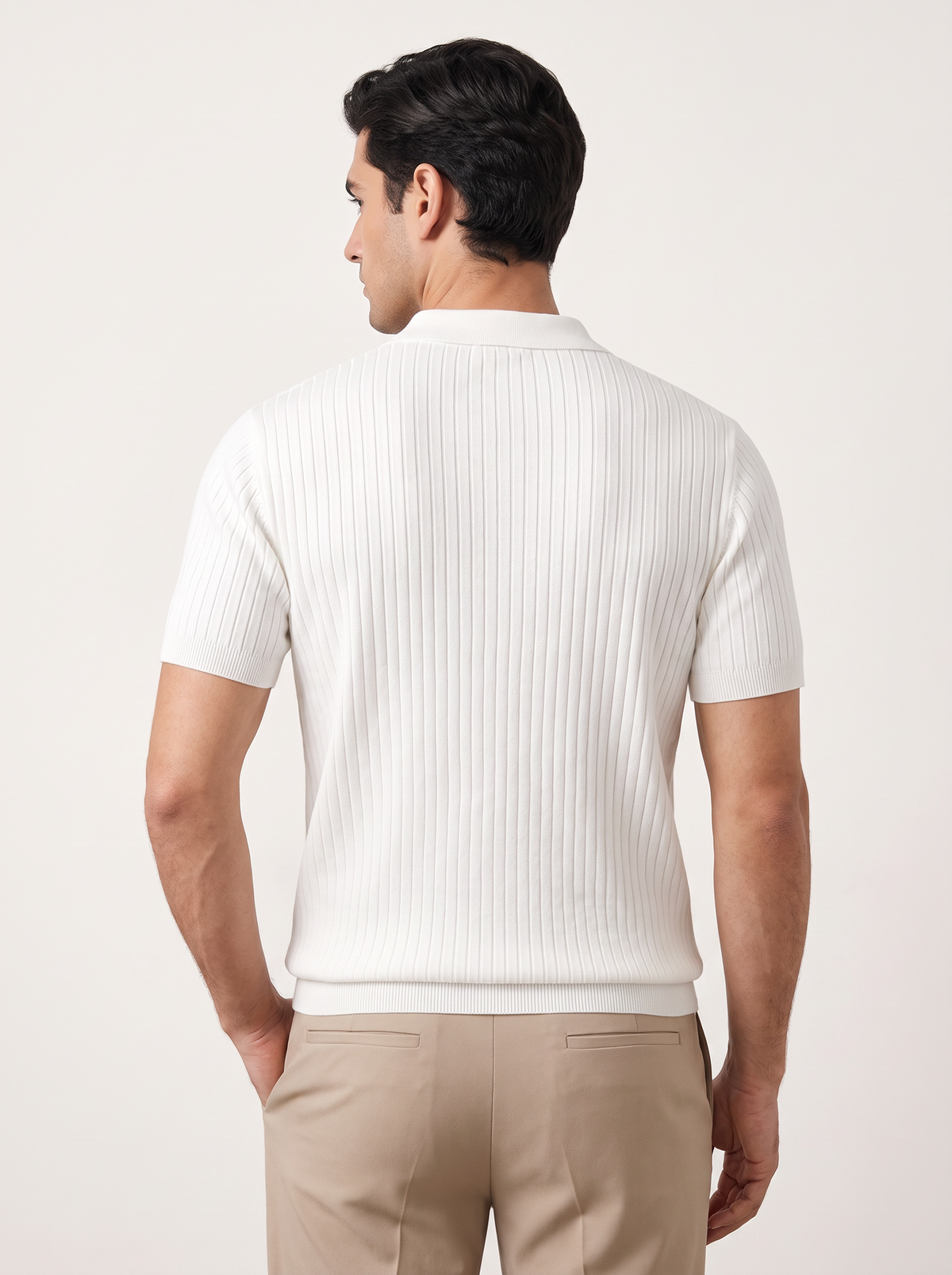White Ribbed Buttonless Polo