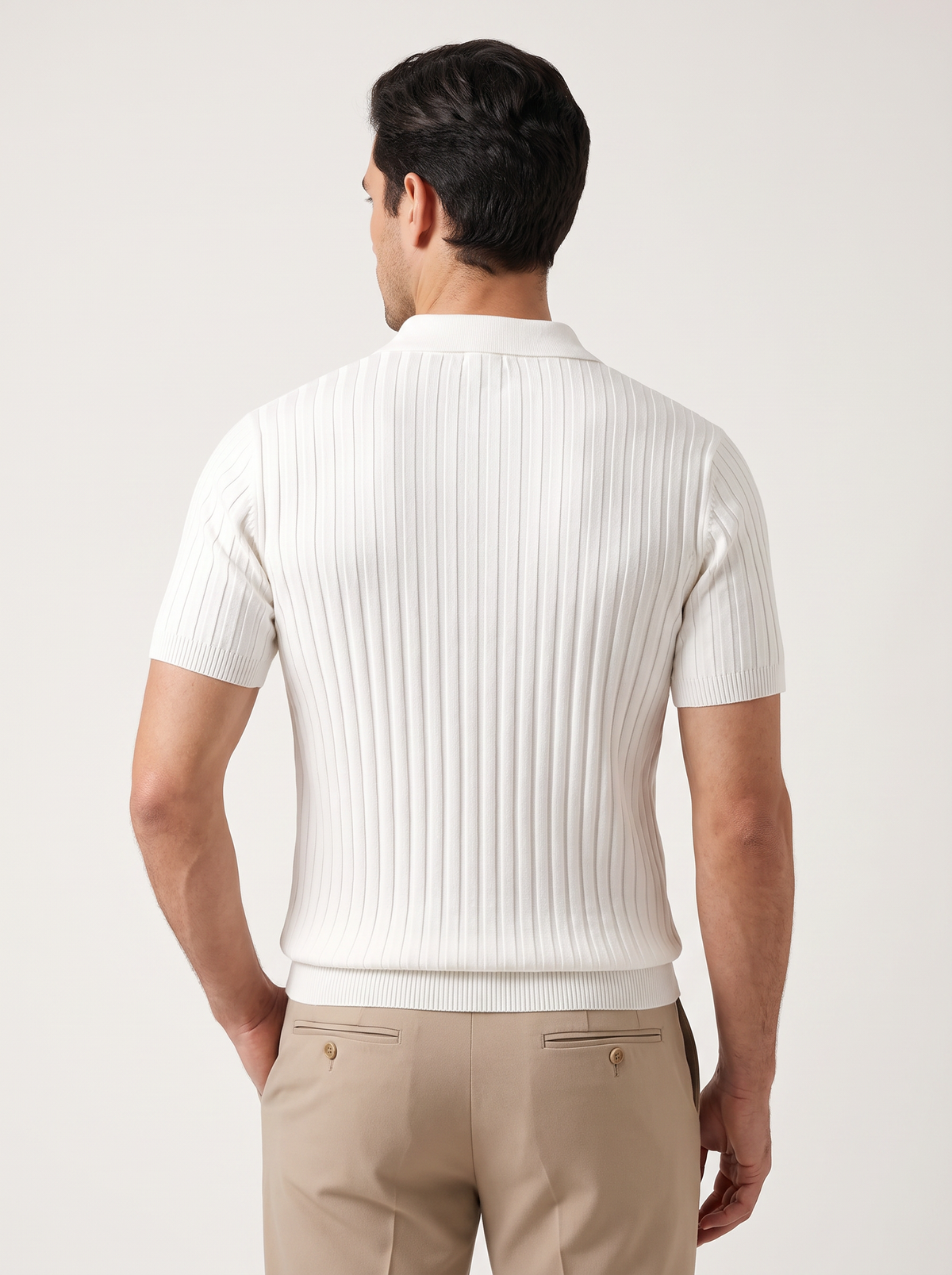 White Ribbed Zipper Polo
