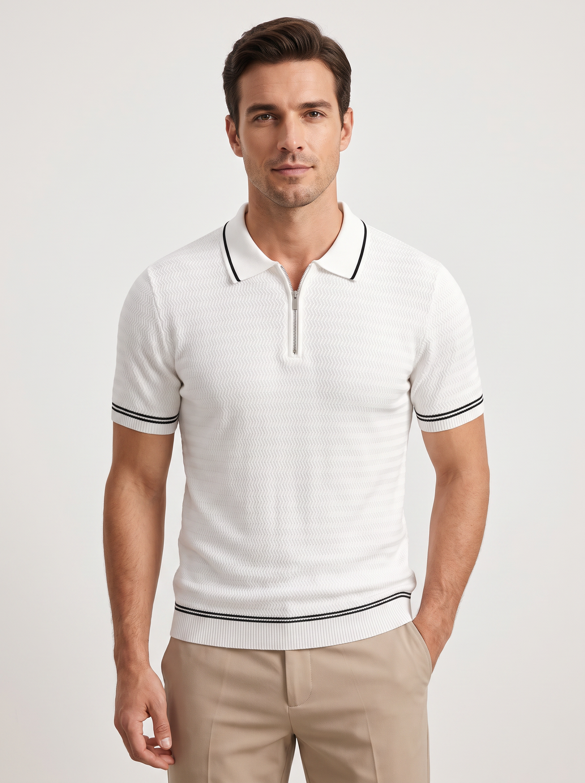 White Zigzag Textured Zipper Polo