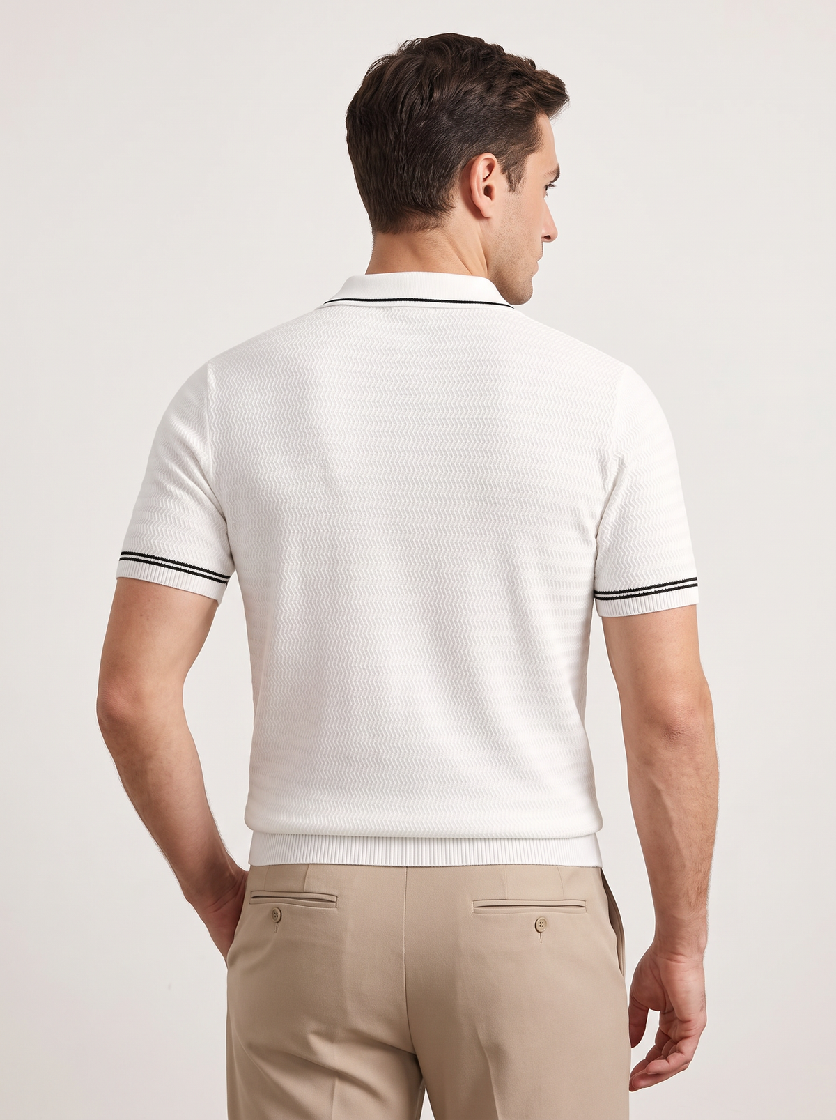 White Zigzag Textured Zipper Polo