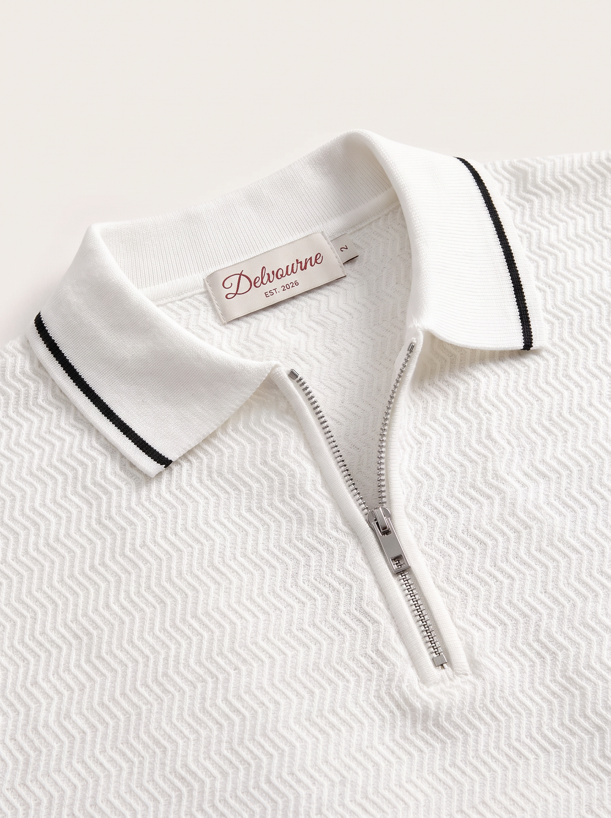 White Zigzag Textured Zipper Polo
