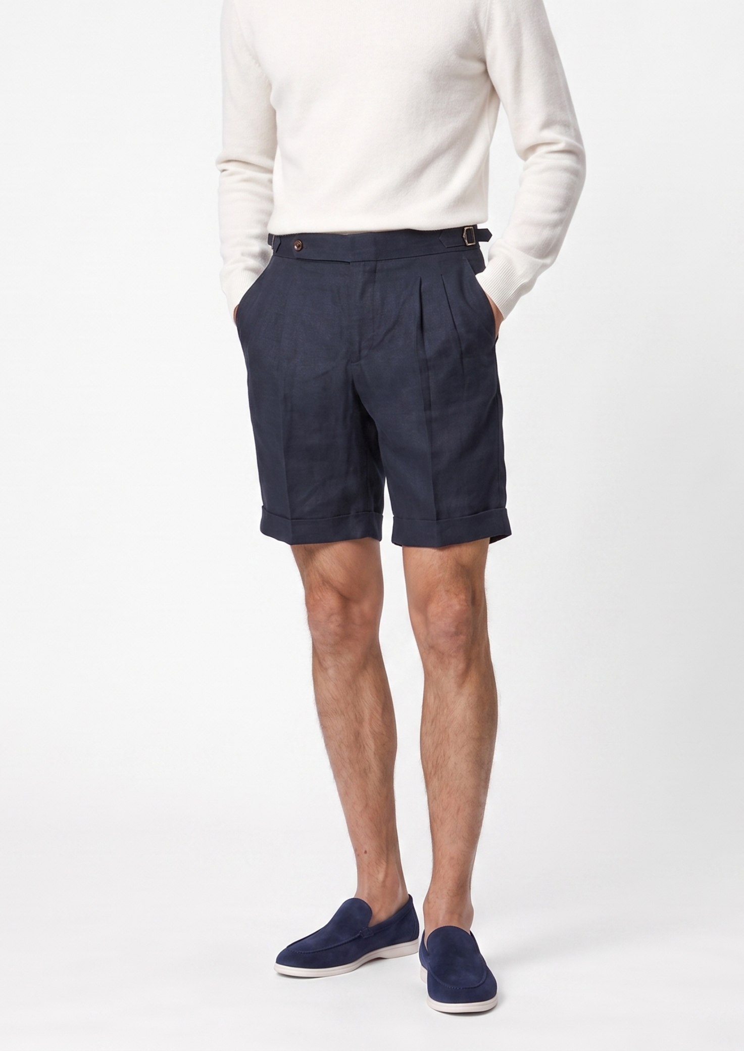 Navy Blue Pleated Linen Seaside Shorts