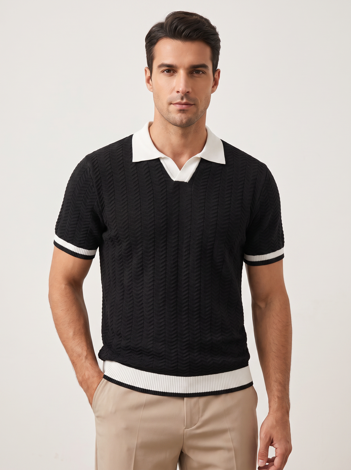Black Contrast Textured Polo