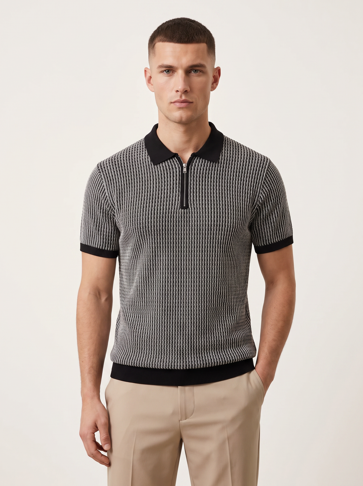 Black Geometric Textured Zipper Polo