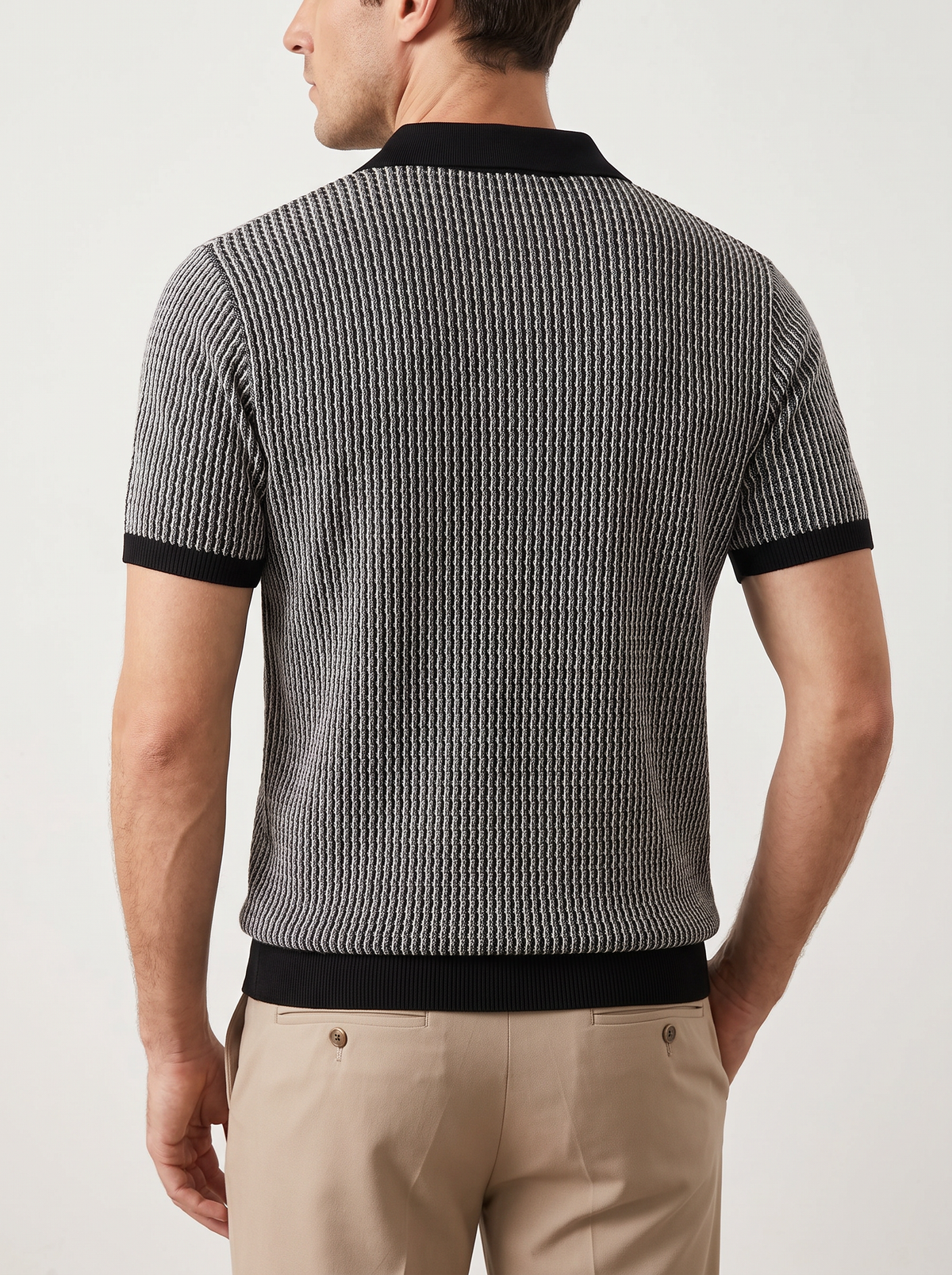 Black Geometric Textured Zipper Polo