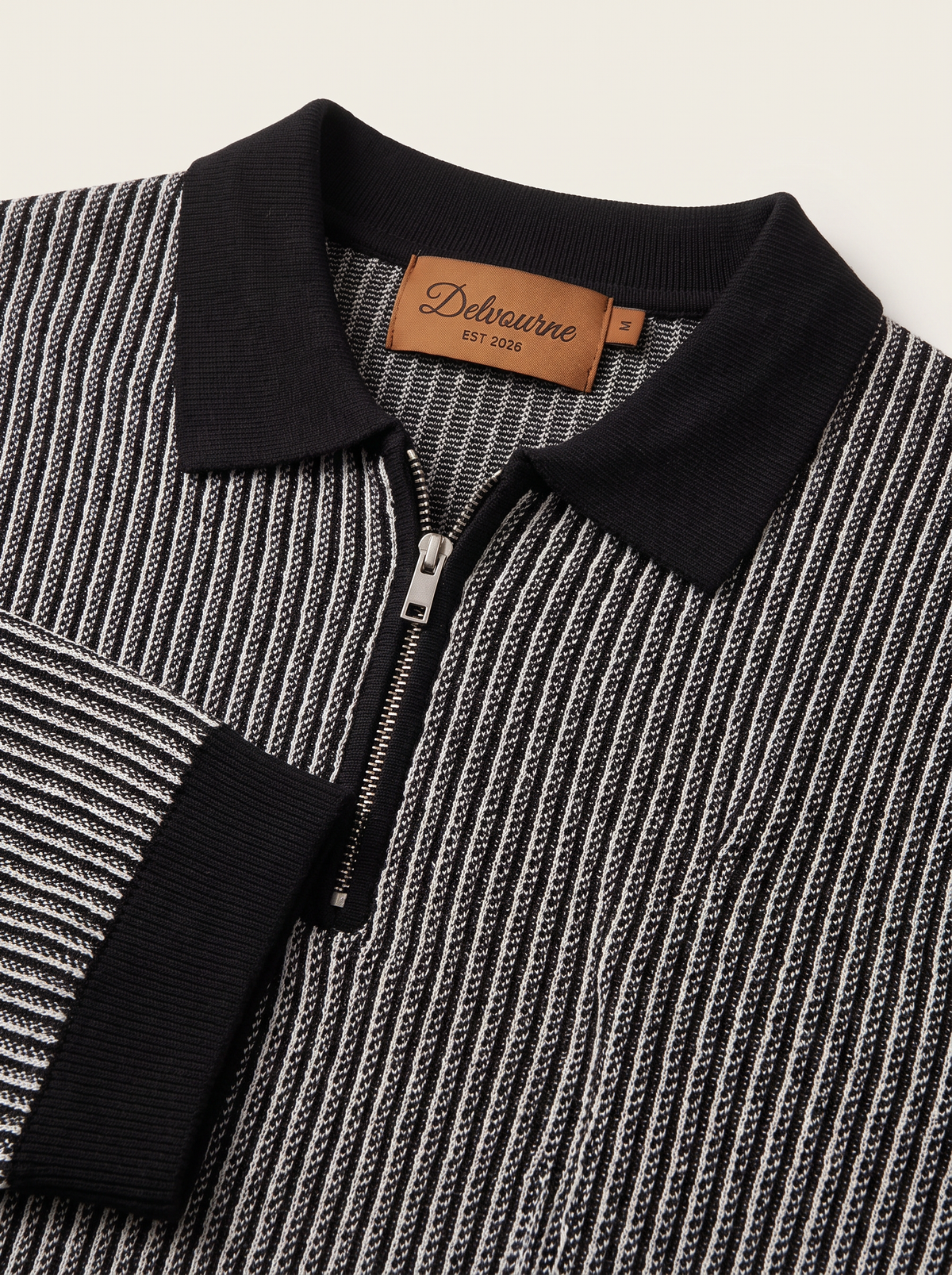 Black Geometric Textured Zipper Polo