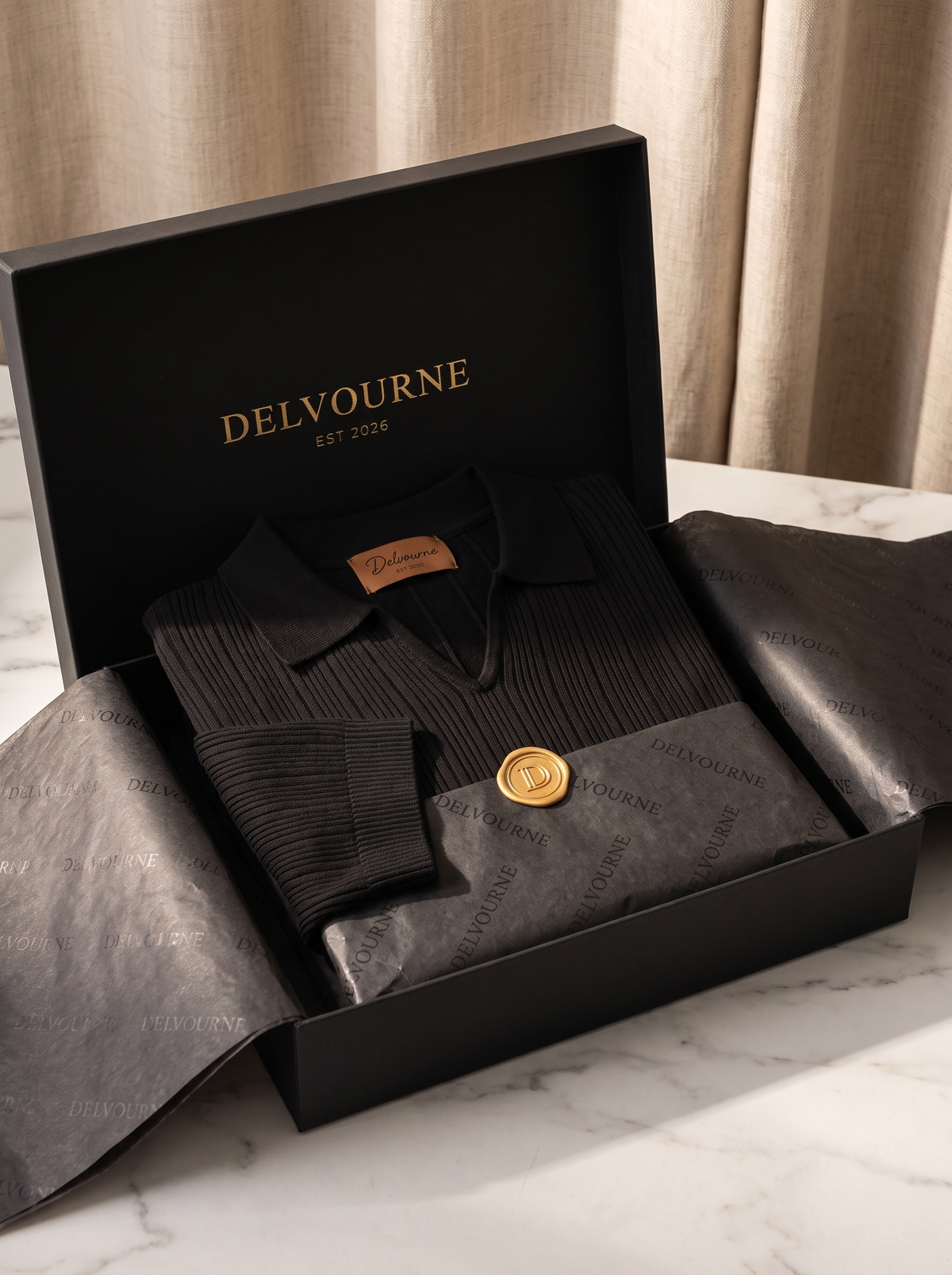 Black Open Collar Ribbed Polo