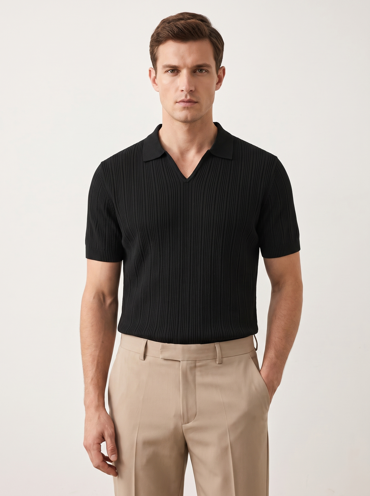 Black Open Collar Ribbed Polo