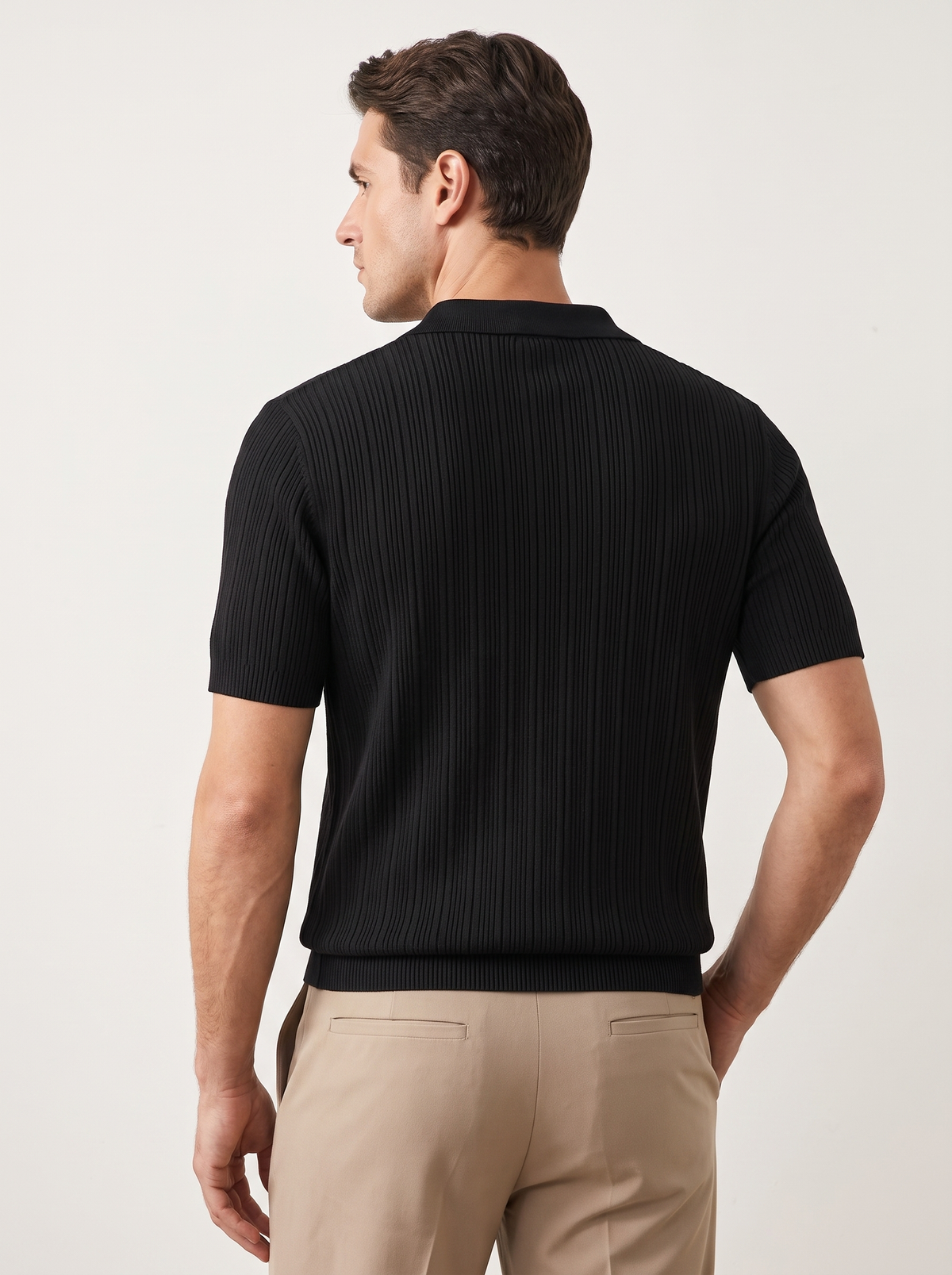 Black Open Collar Ribbed Polo
