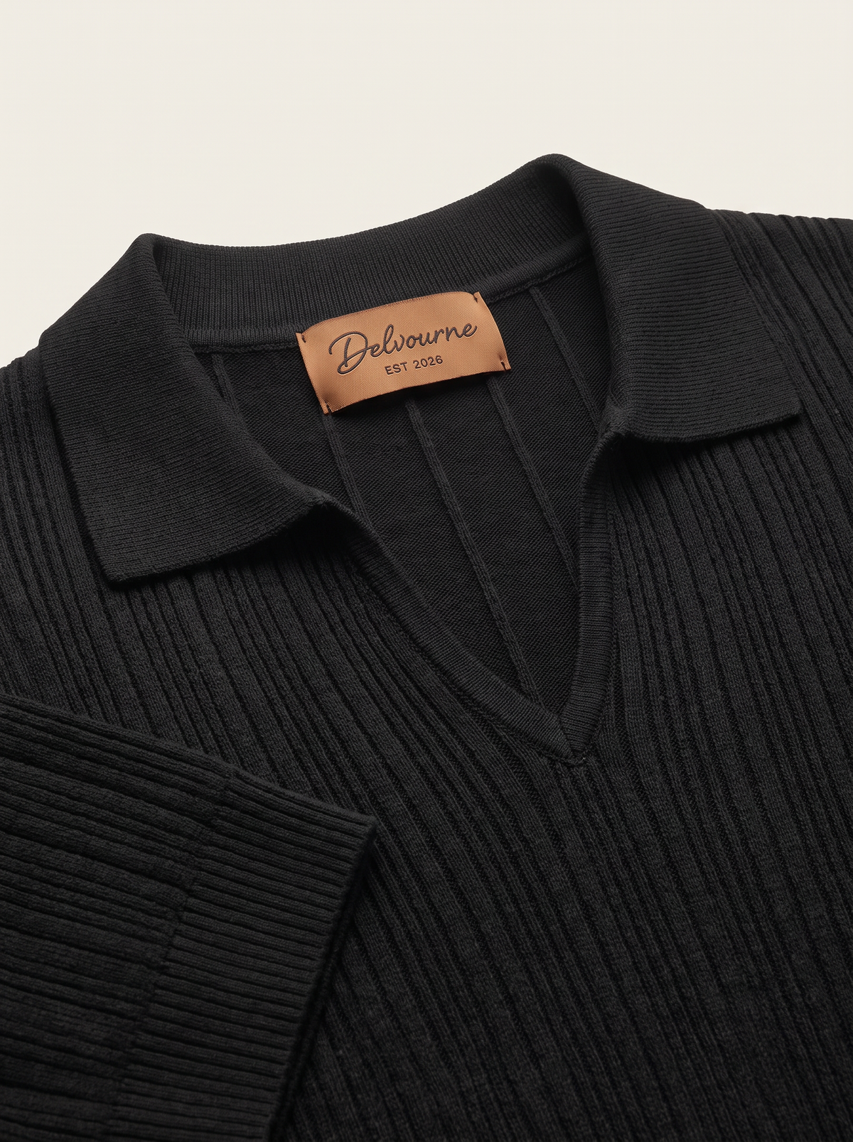 Black Open Collar Ribbed Polo