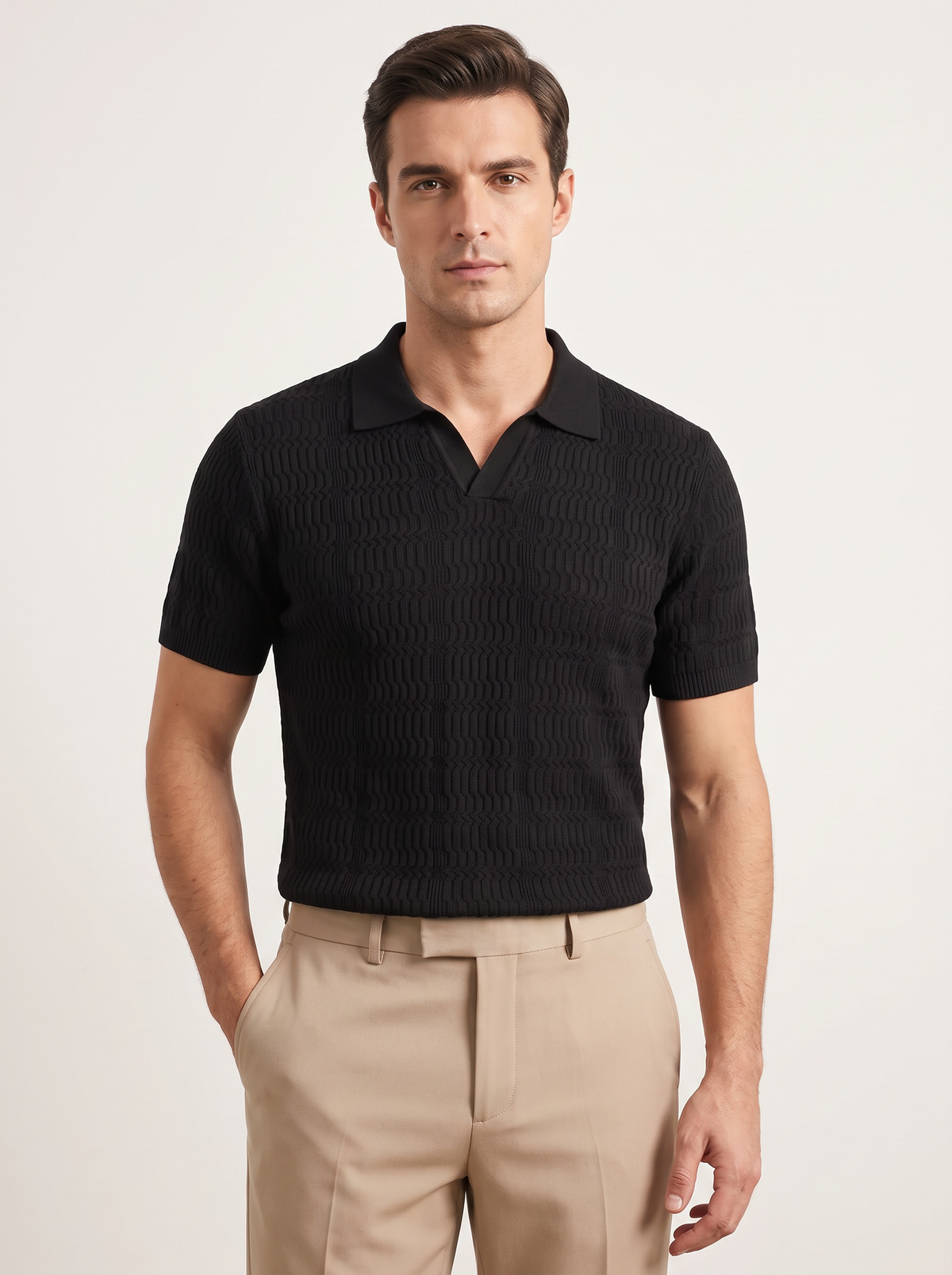 Black Patterned Knit Buttonless Polo