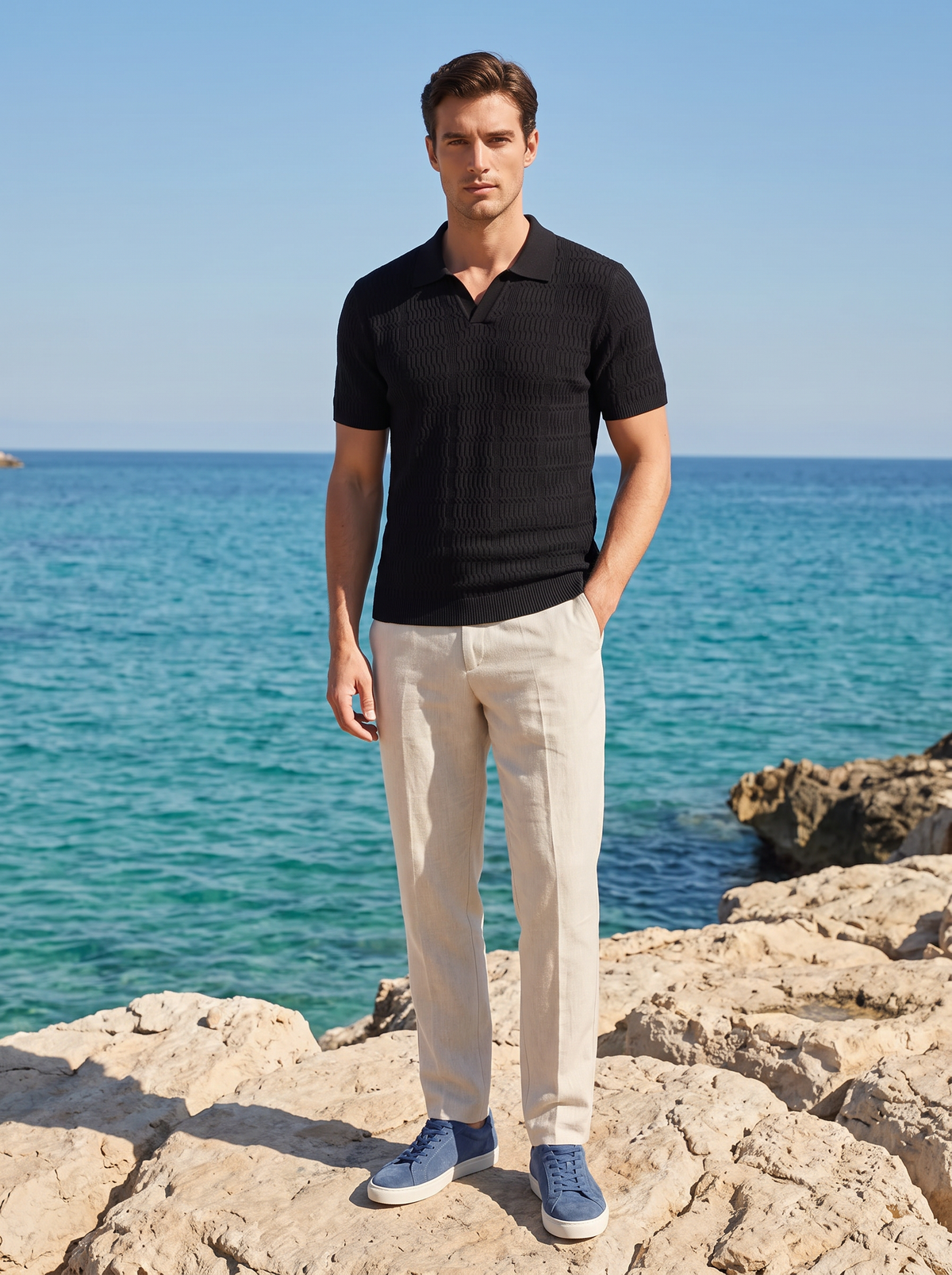 Black Patterned Knit Buttonless Polo