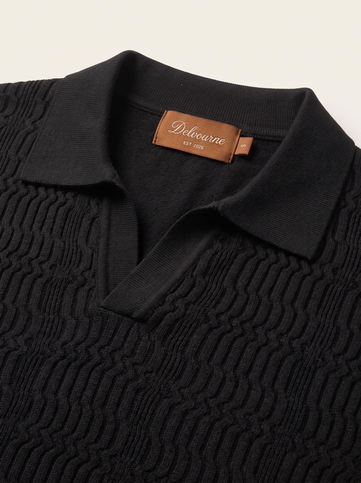 Black Patterned Knit Buttonless Polo