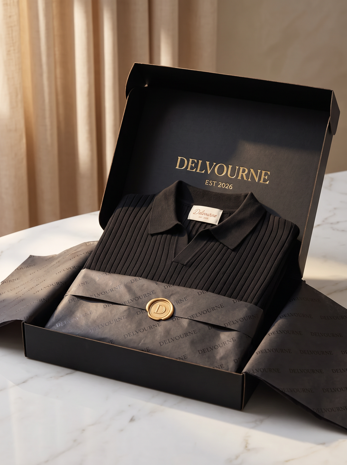Black Ribbed Buttonless Polo