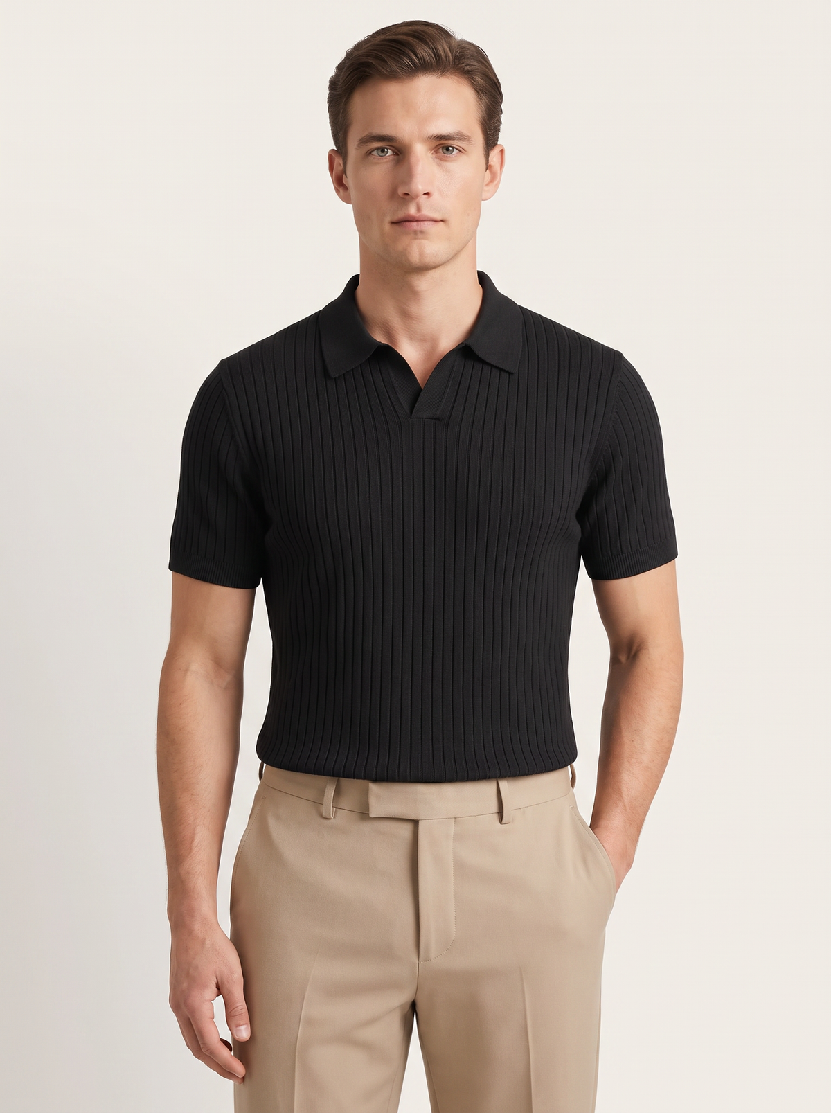 Black Ribbed Buttonless Polo