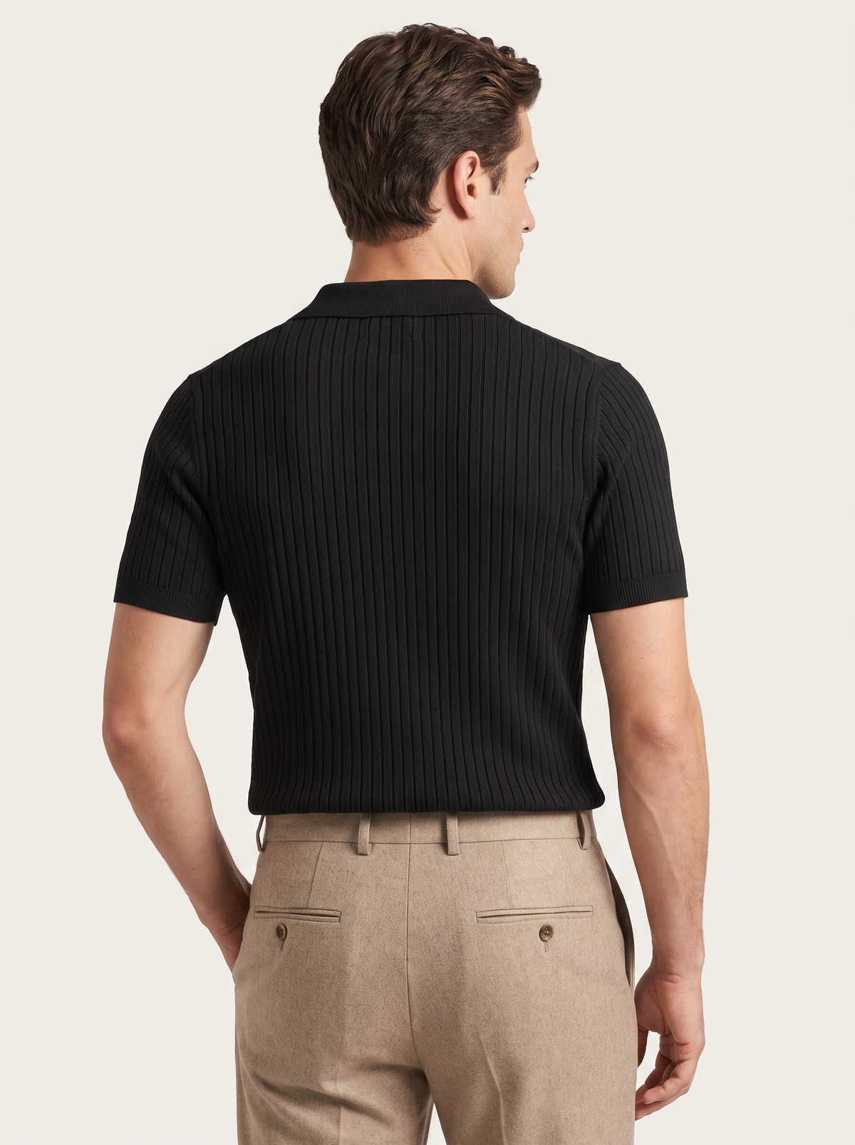 Black Ribbed Buttonless Polo