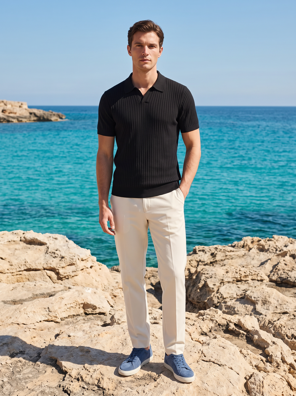 Black Ribbed Buttonless Polo