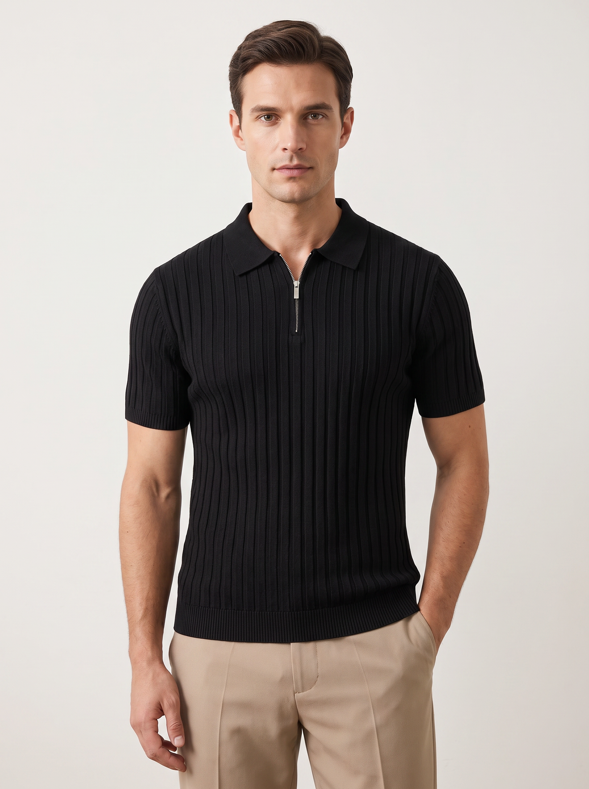 Black Ribbed Zipper Polo