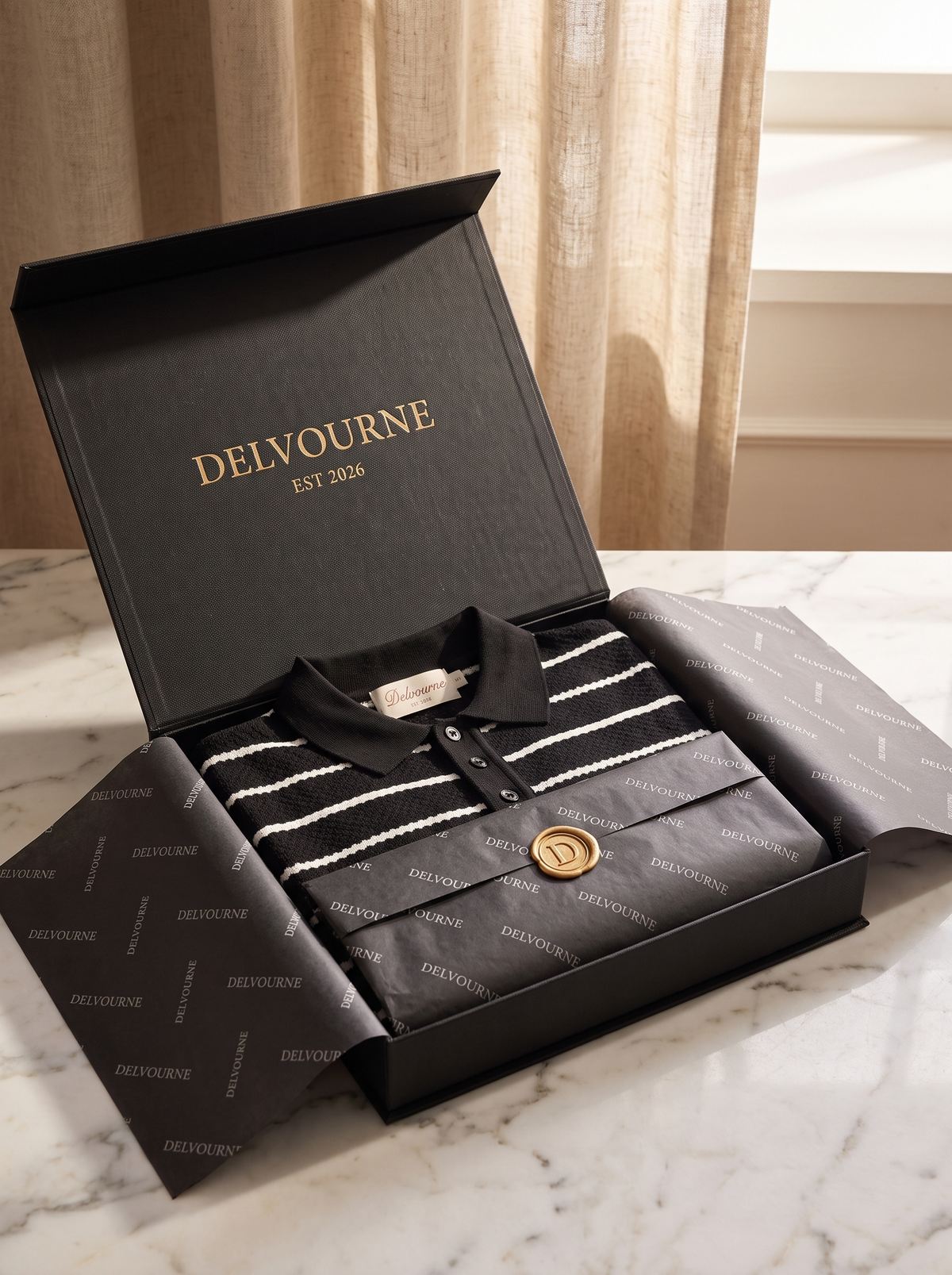 Black Striped Textured Button Polo